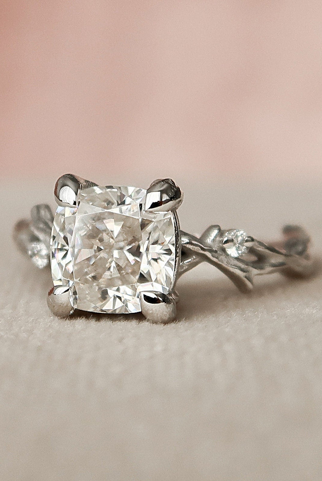 1.50CT Cushion Cut Branch Moissanite Engagement Ring
