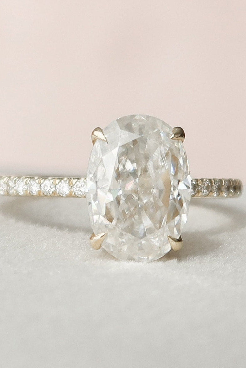 2.50CT Oval Four Prong Moissanite Diamond Hidden Halo Engagement Ring