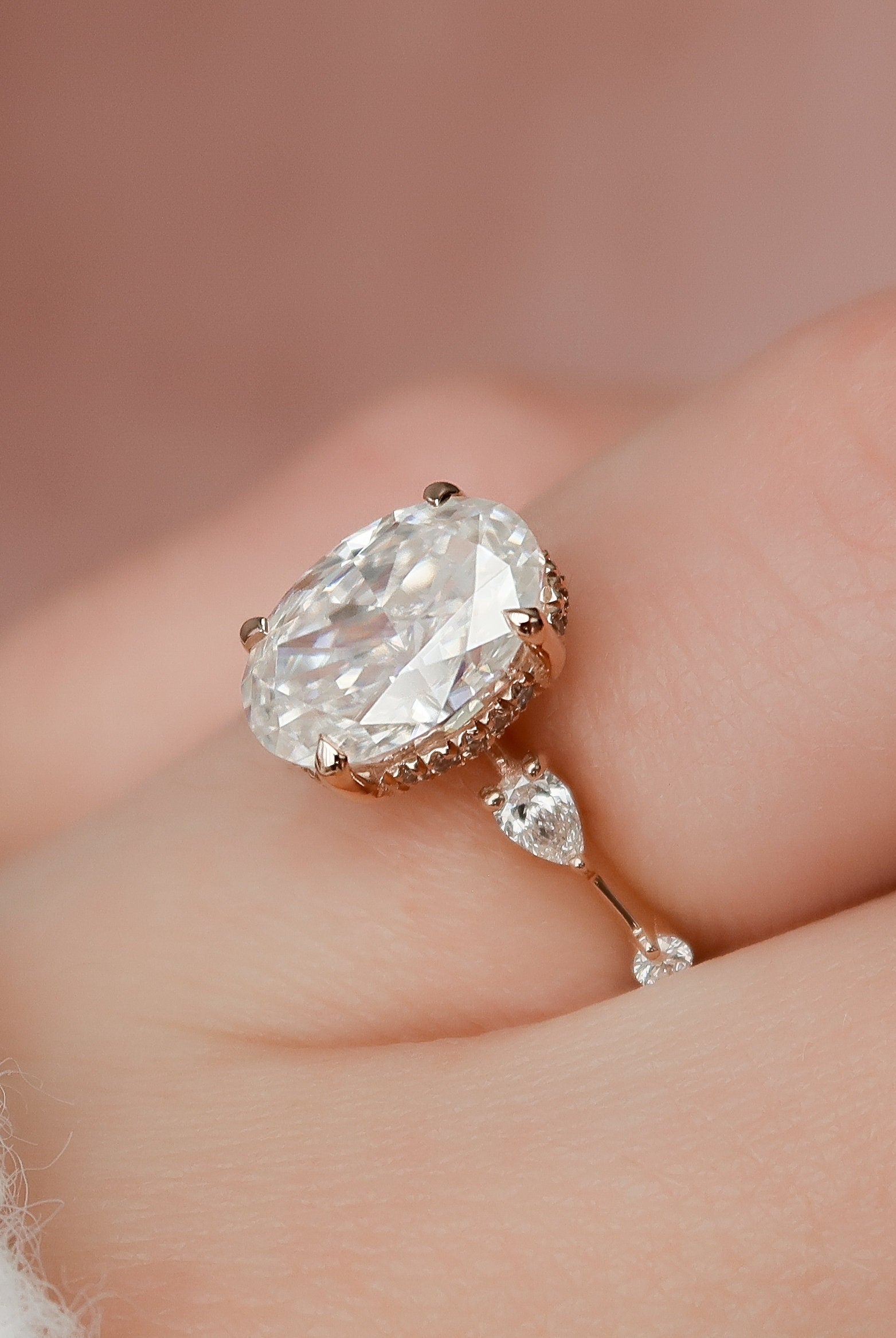 2.0CT Oval Hidden Halo Moissanite Diamond Petite Pave Engagement Ring In Solid Gold