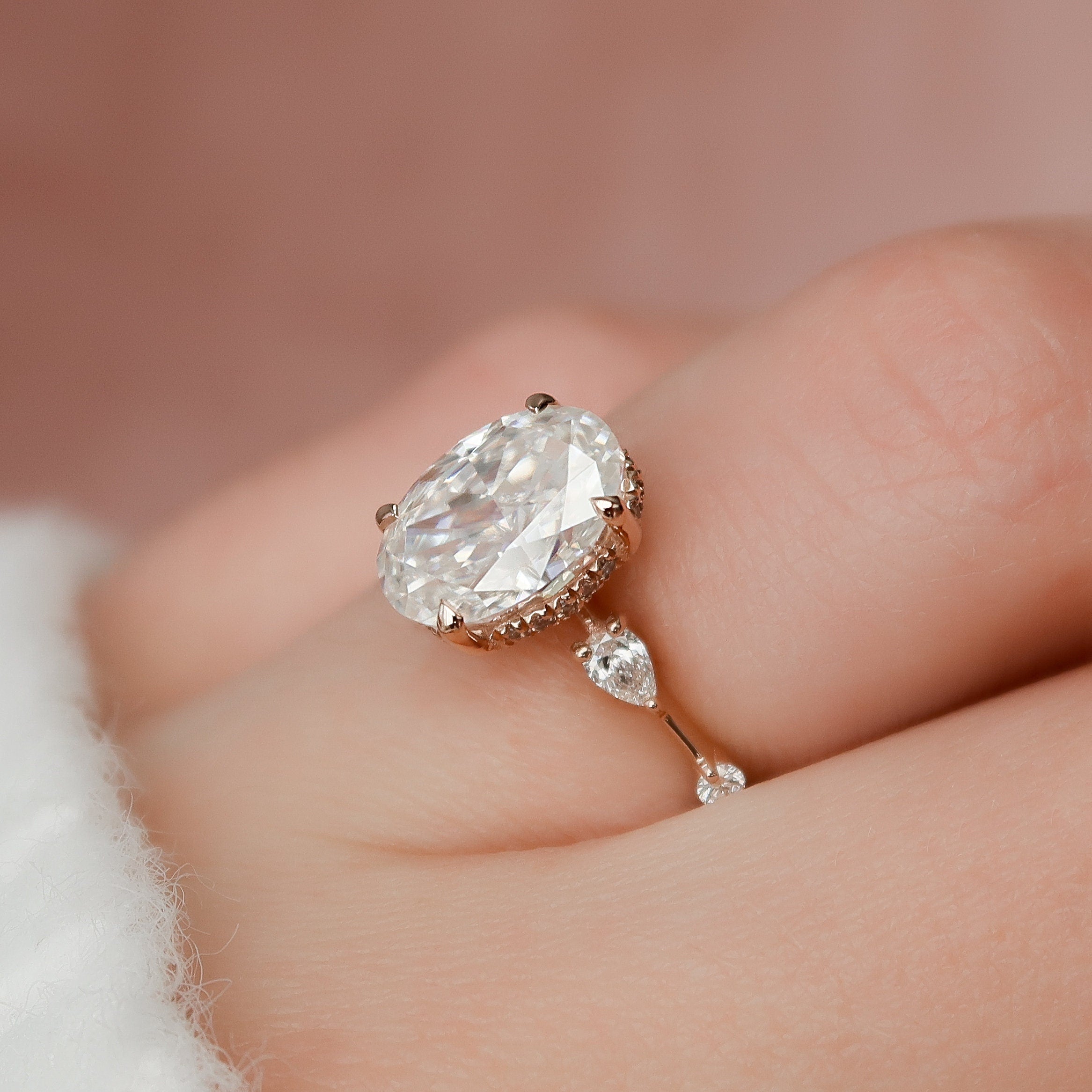 2.0CT Oval Hidden Halo Moissanite Diamond Petite Pave Engagement Ring In Solid Gold