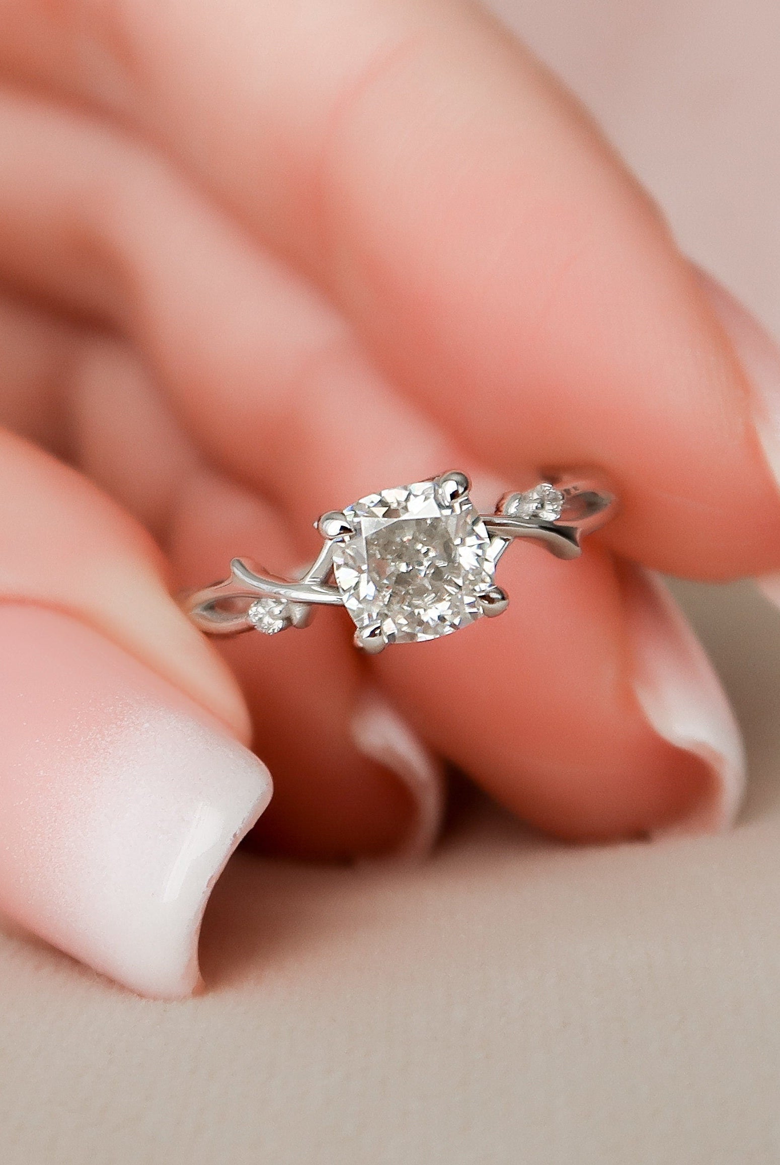 1.0CT Cushion Twig Moissanite Diamond Engagement Ring For Women