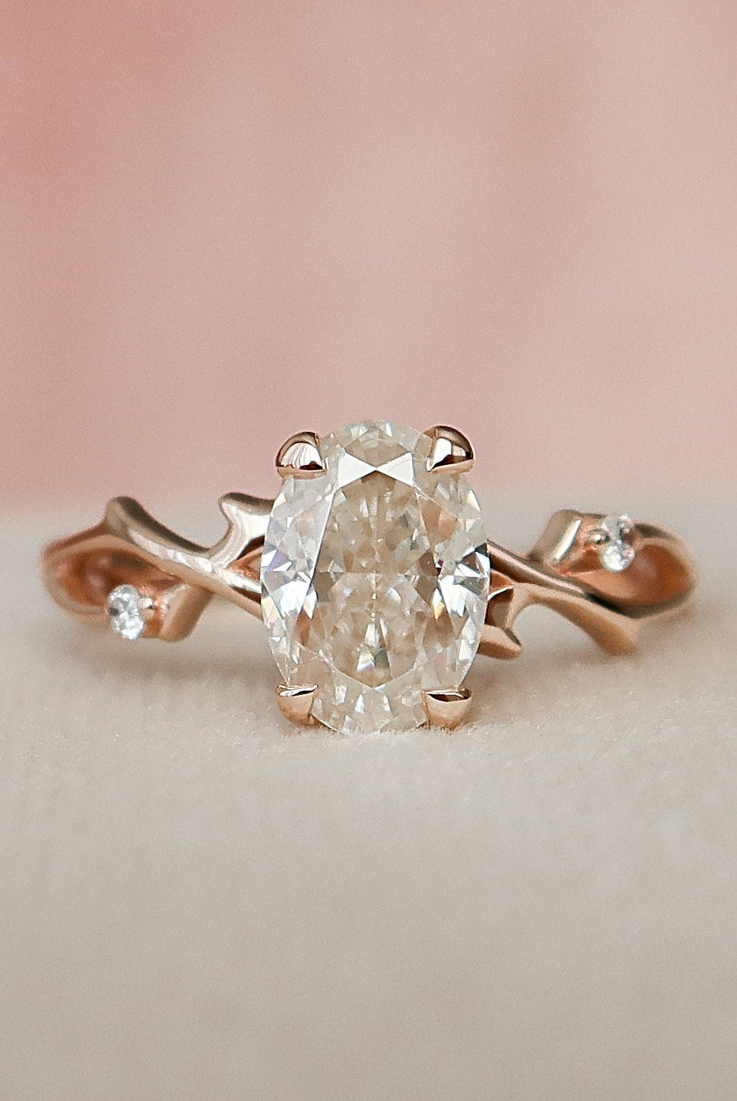 1.0CT Oval Twig Moissanite Diamond Engagement Ring In Solid Gold