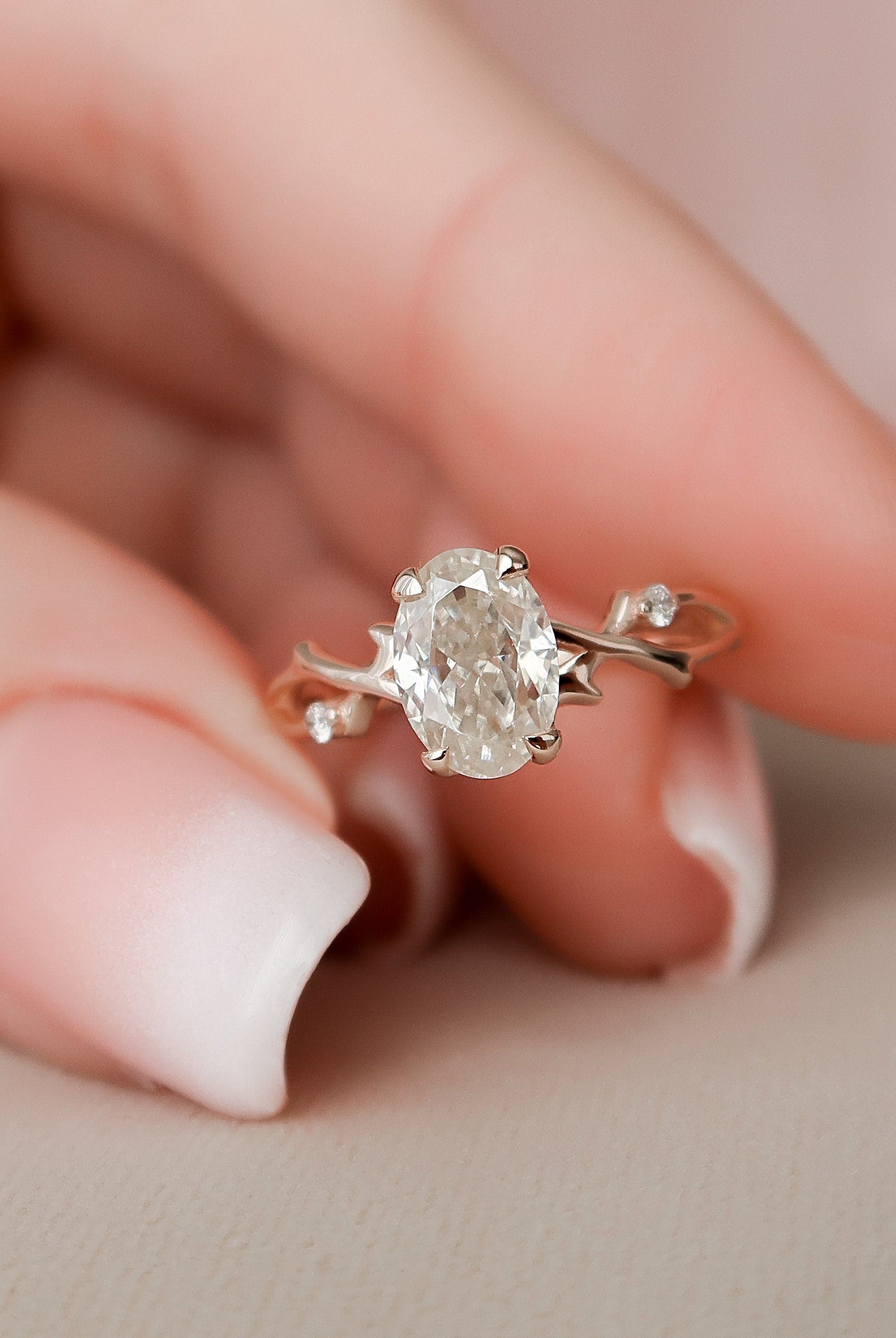 1.0CT Oval Twig Moissanite Diamond Engagement Ring In Solid Gold