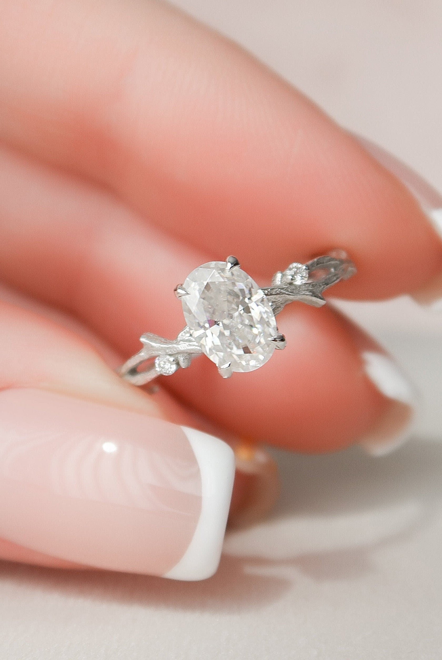 1.0CT Oval Twig Moissanite Diamond Engagement Ring In Solid Gold