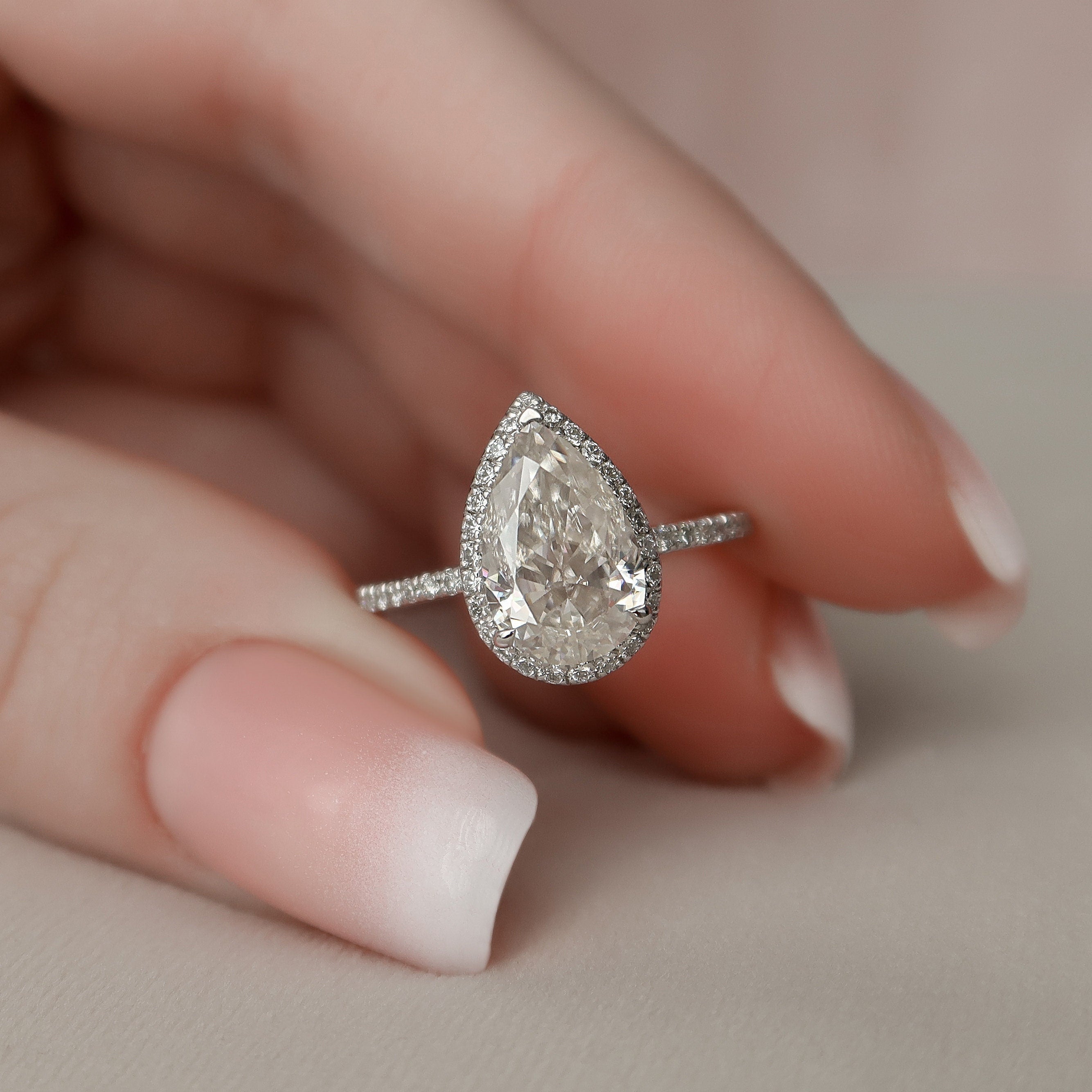 2.0CT Pear Halo Moissanite Diamond Pave Engagement Ring