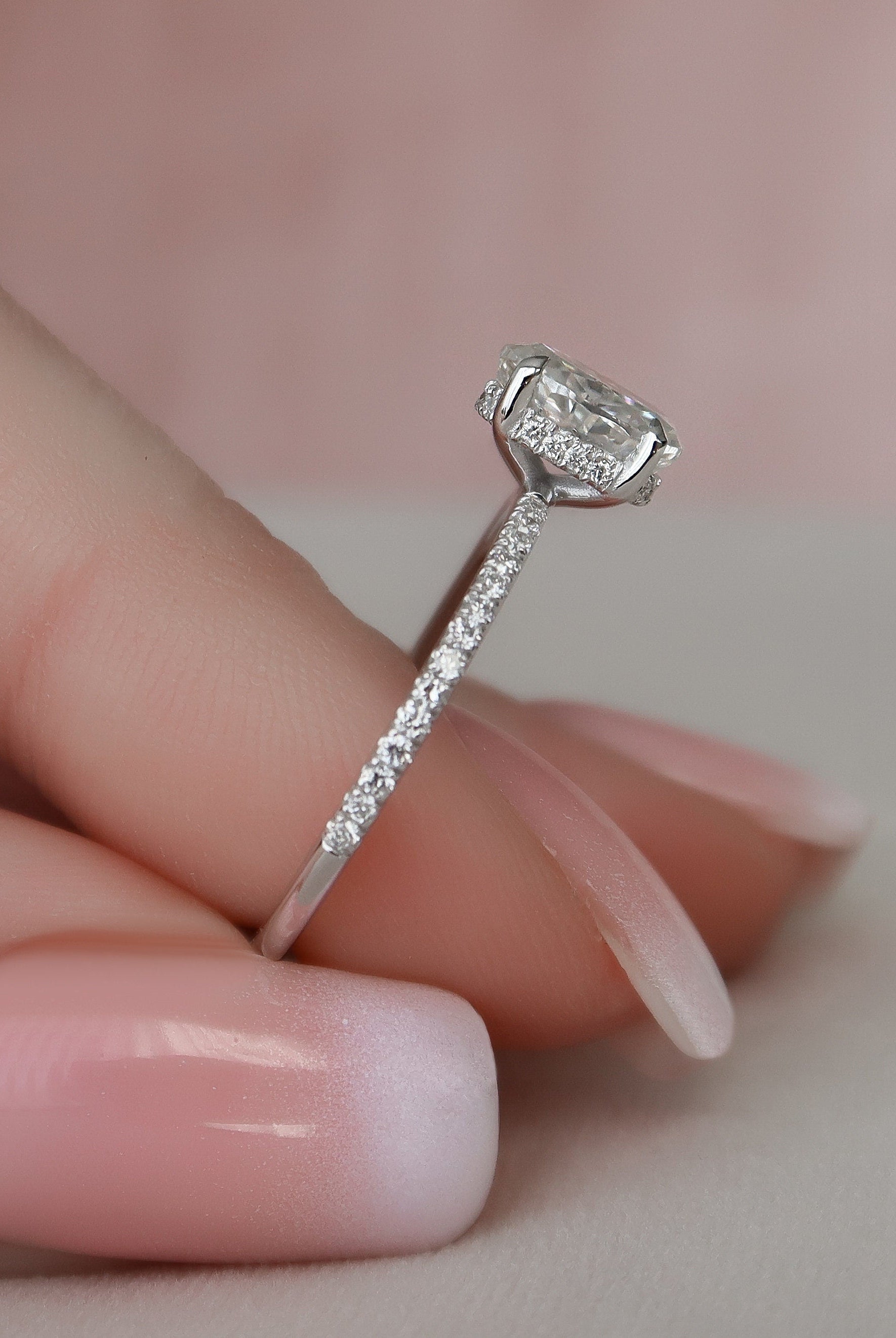 1.0CT Oval Pave Moissanite Diamond Hidden Halo Engagement Ring