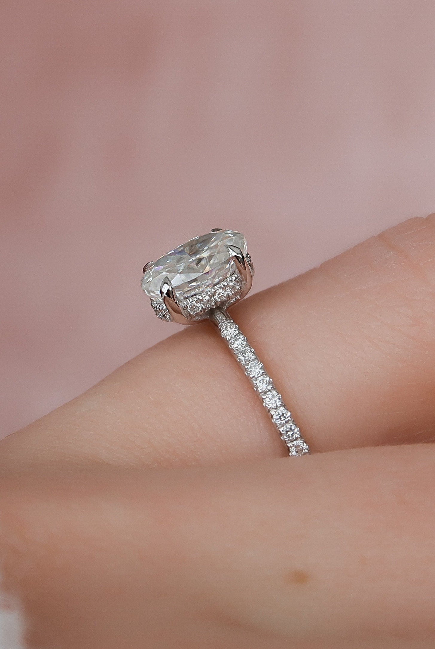 1.0CT Oval Pave Moissanite Diamond Hidden Halo Engagement Ring