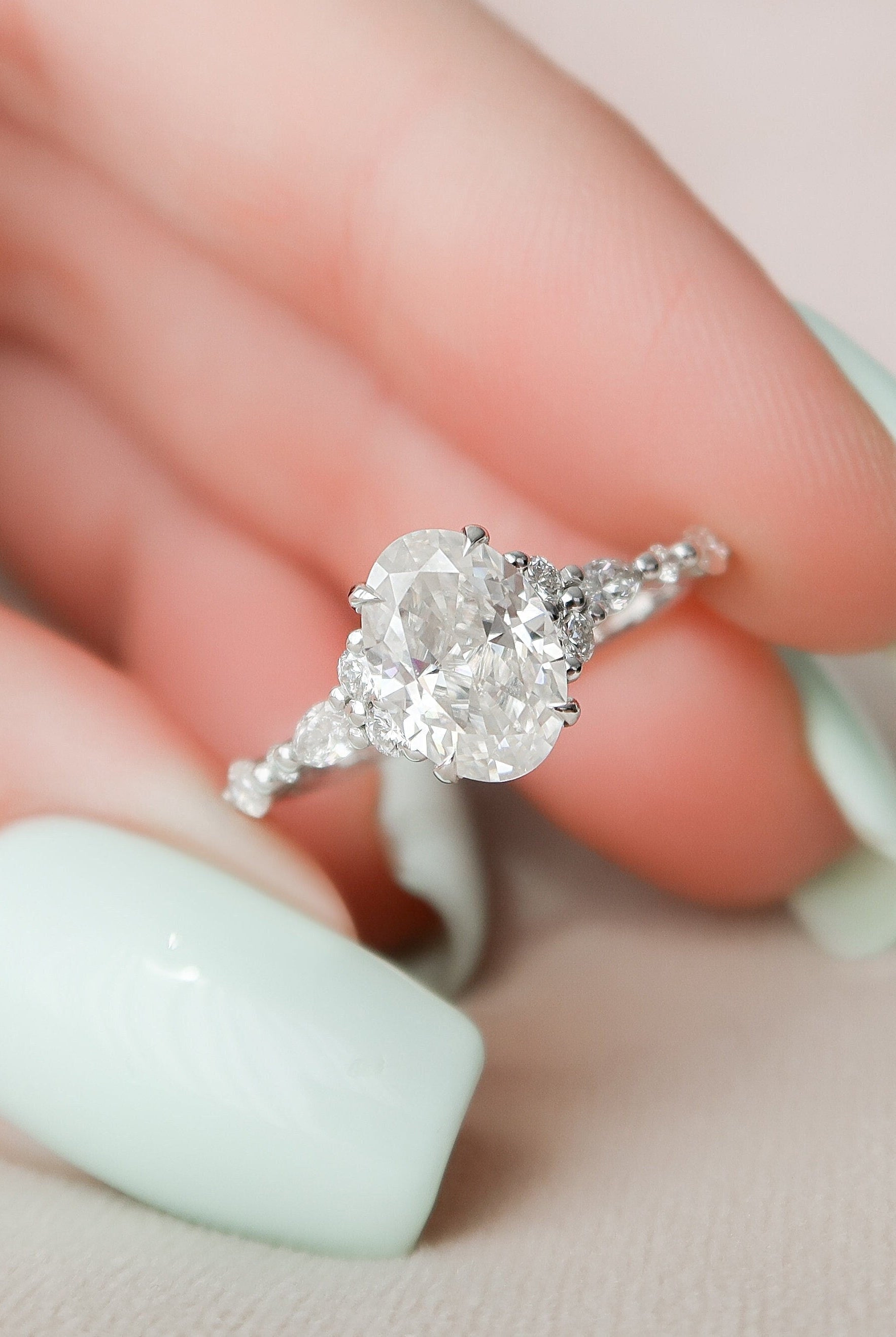 1.50CT Oval Moissanite Diamond Cluster Engagement Ring For Women