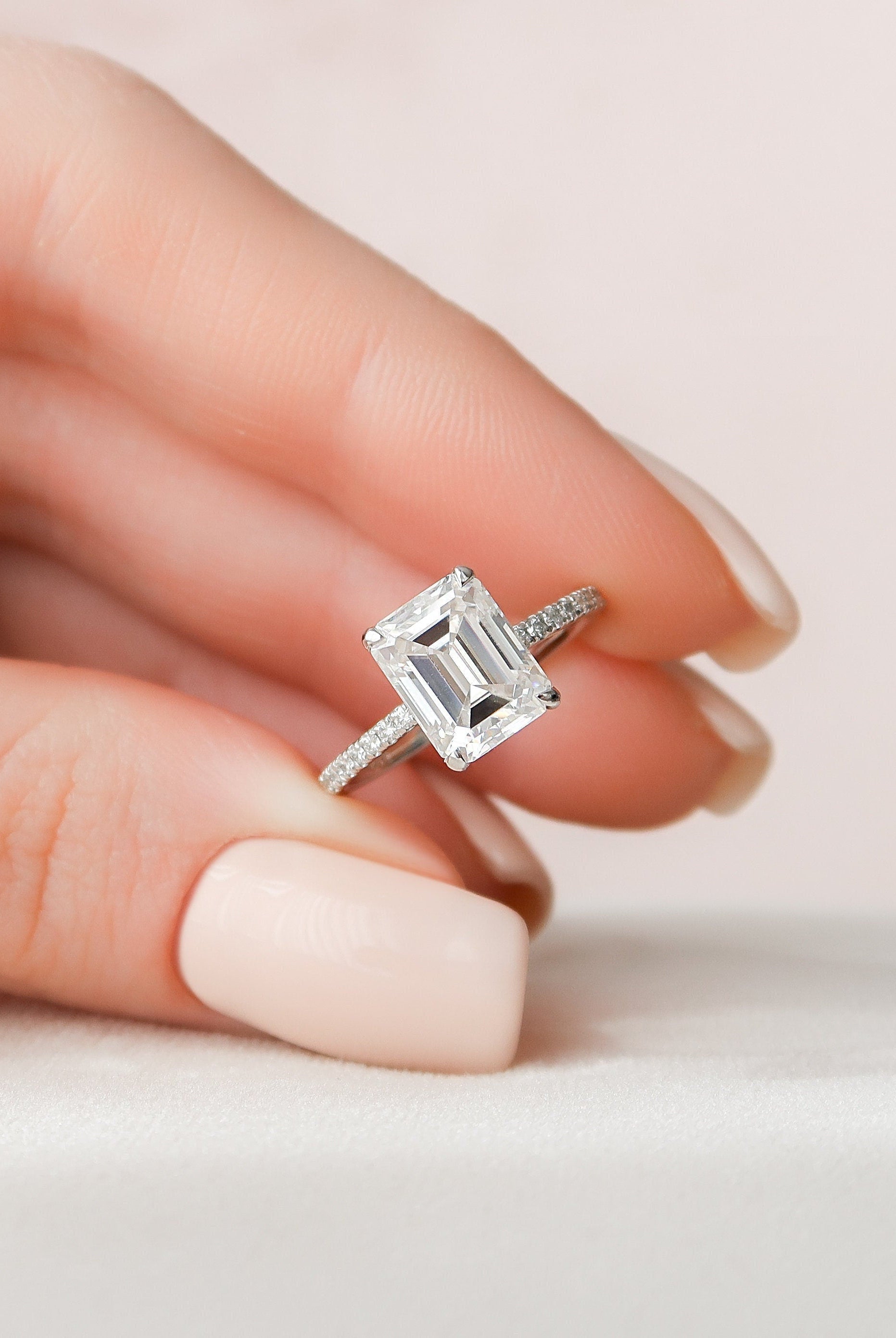 2.50CT Emerald Cut Hidden Halo Moissanite Diamond Pave Engagement Ring