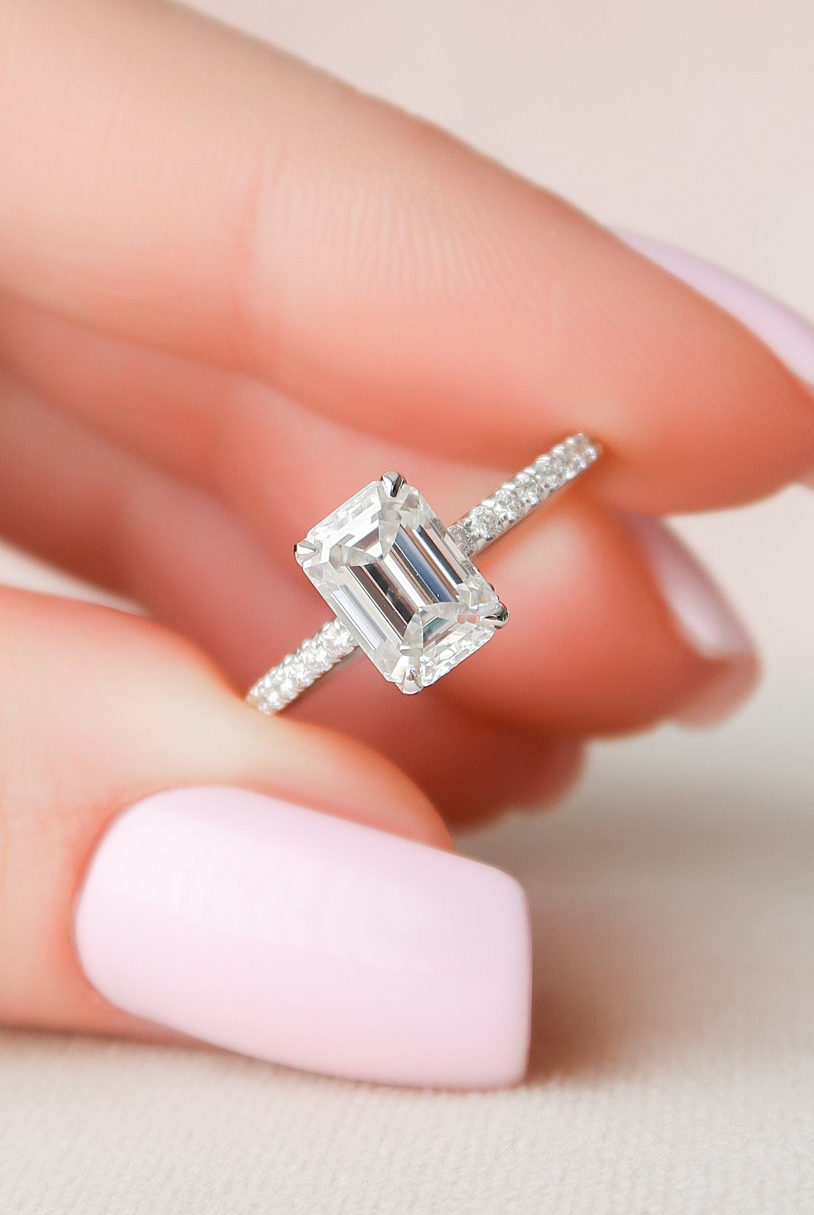 1.50CT Emerald Cut Hidden Halo Moissanite Diamond Pave Engagement Ring