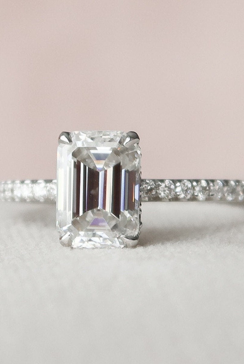 1.50CT Emerald Cut Hidden Halo Moissanite Diamond Pave Engagement Ring
