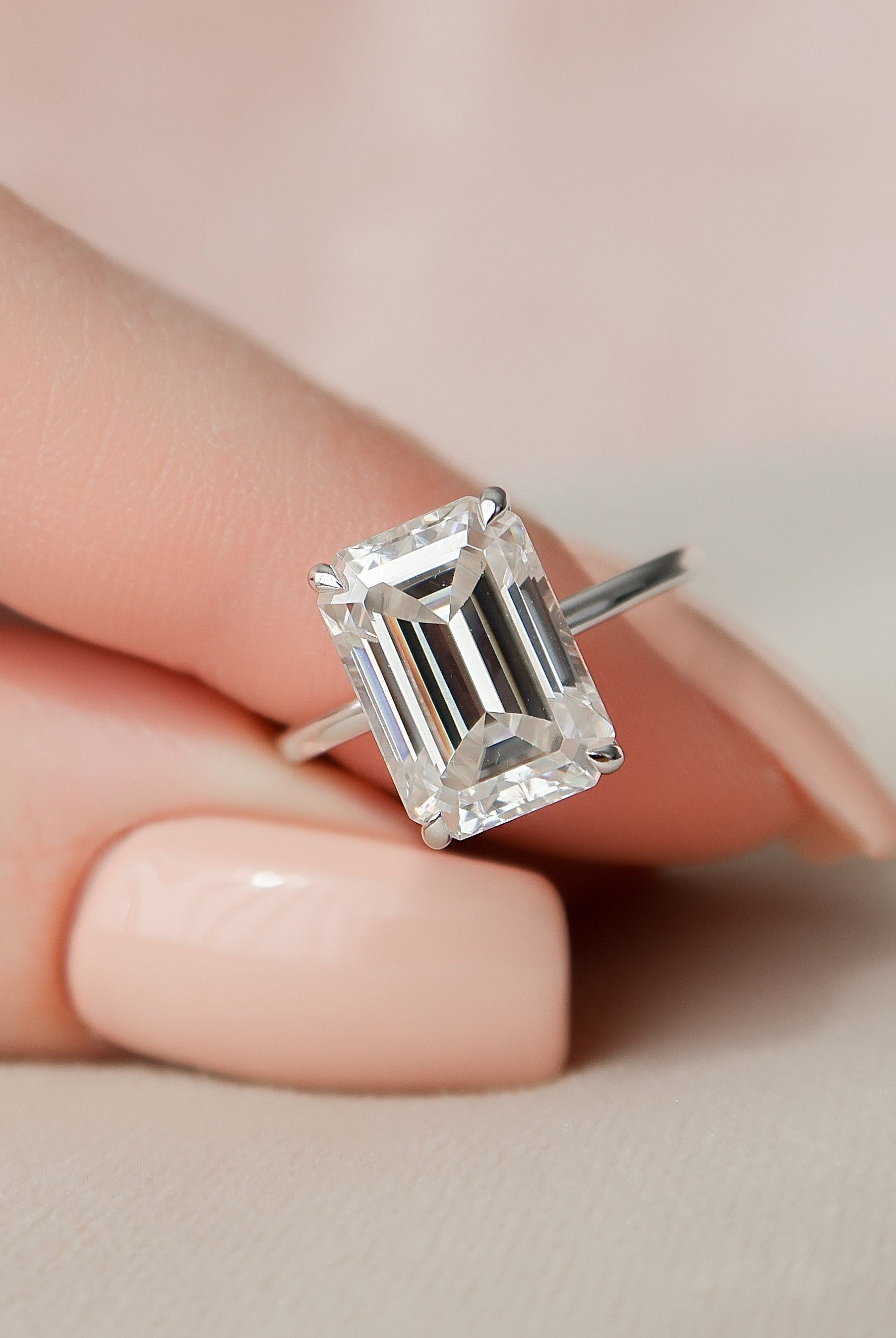 5.0CT Emerald Cut Hidden Halo Moissanite Diamond Solitaire Engagement Ring