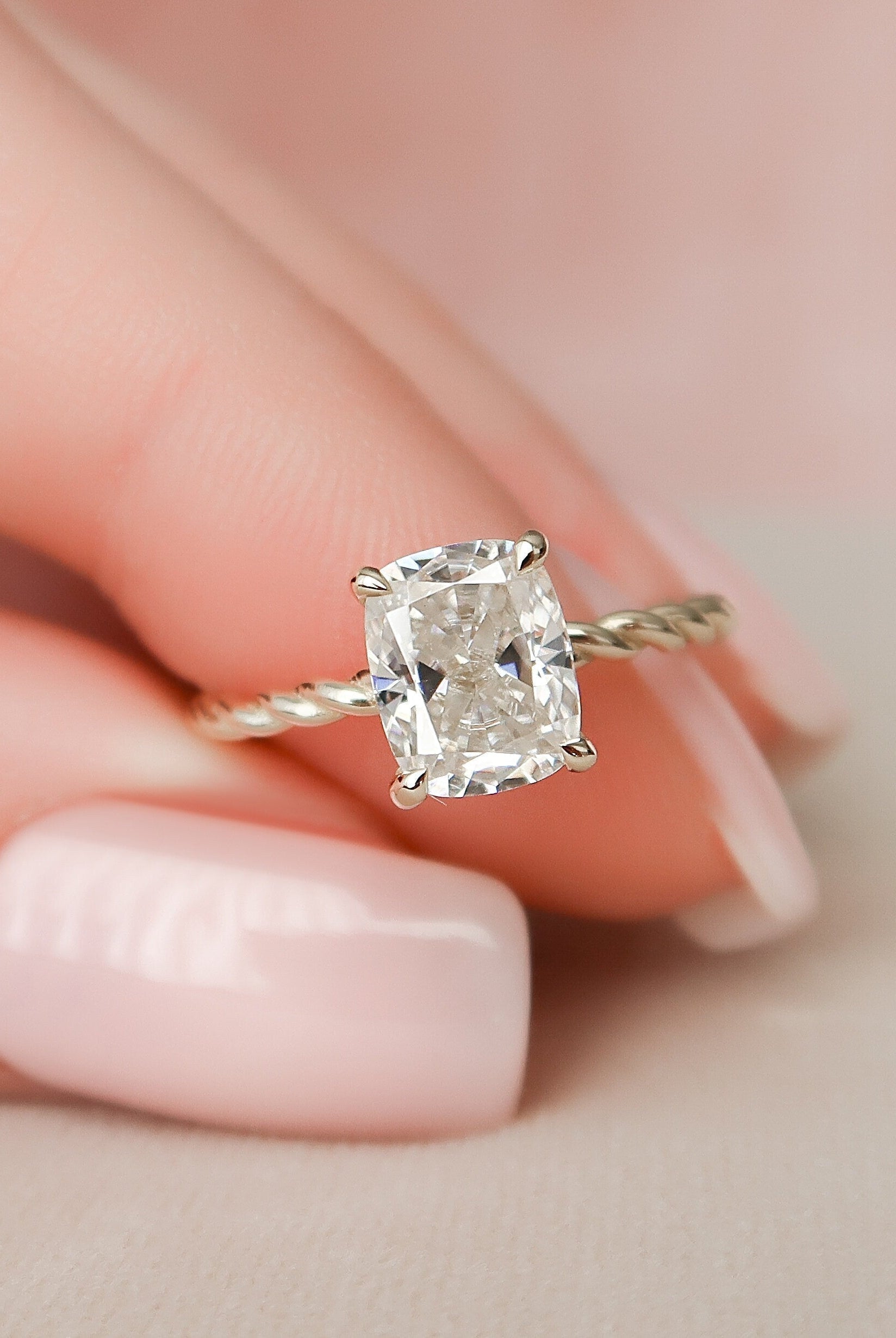 2.0CT Elongated Cushion Braided Moissanite Diamond Hidden Halo Engagement Ring