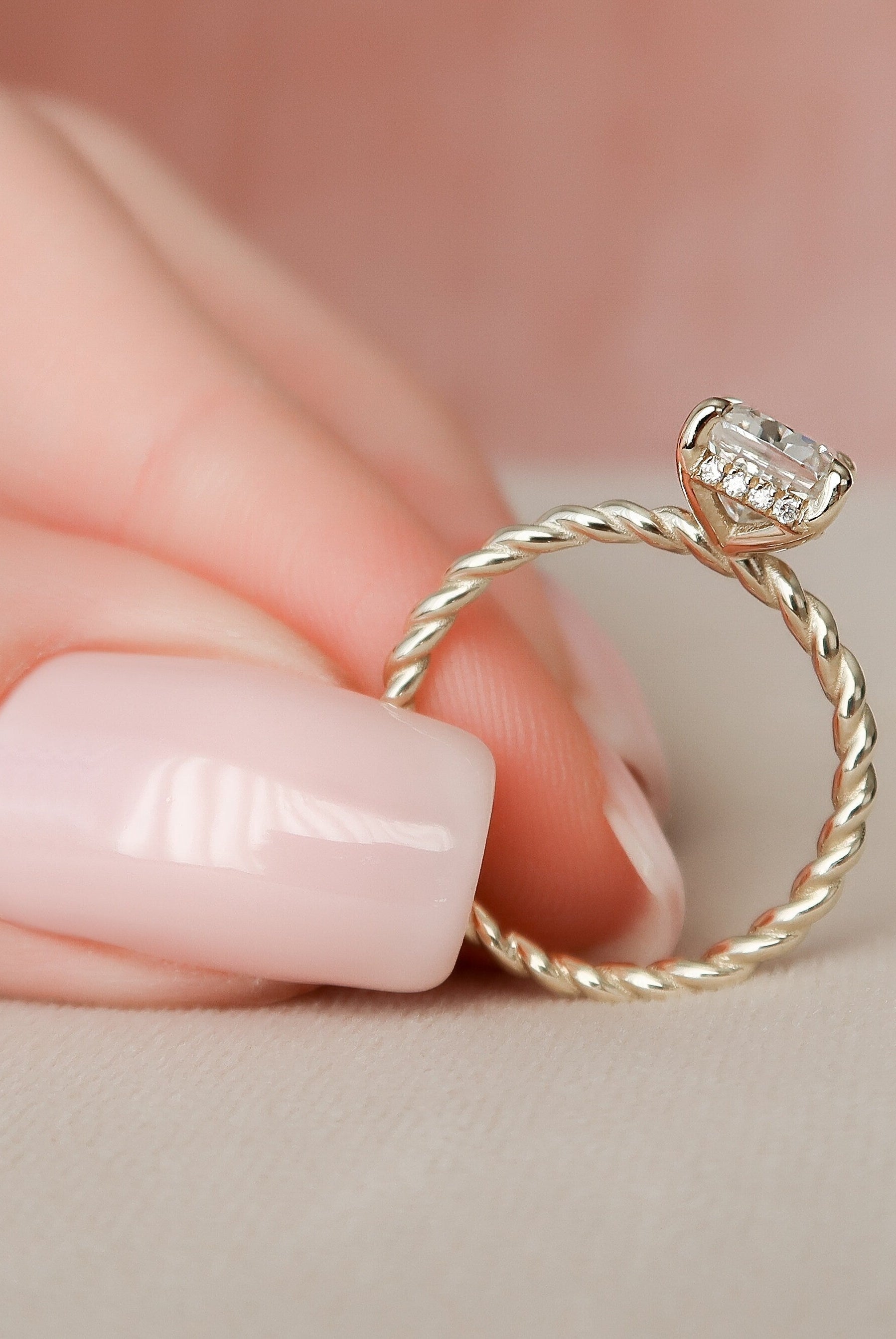 2.0CT Elongated Cushion Braided Moissanite Diamond Hidden Halo Engagement Ring