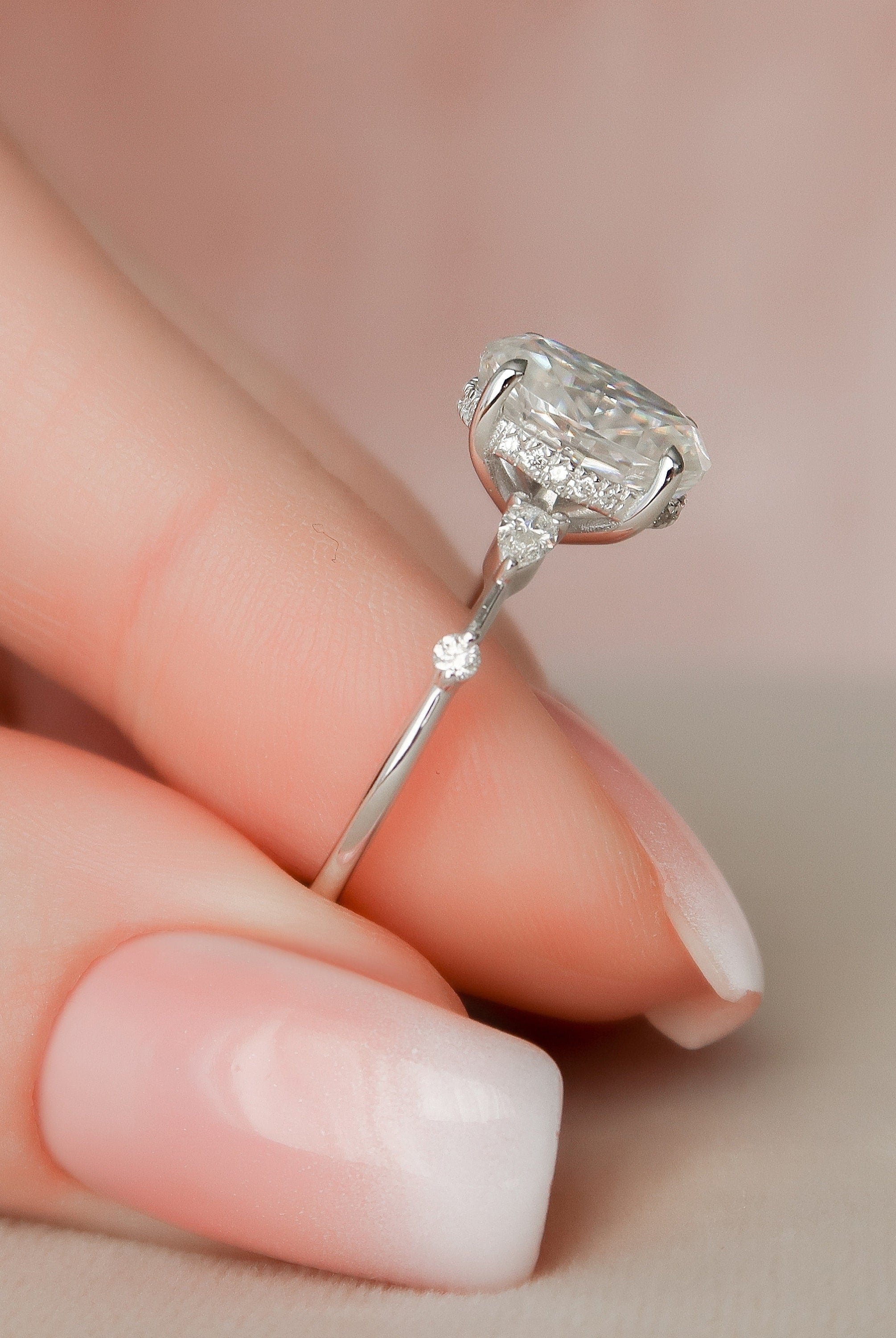 2.0CT Oval Hidden Halo Moissanite Diamond Petite Pave Engagement Ring In Solid Gold
