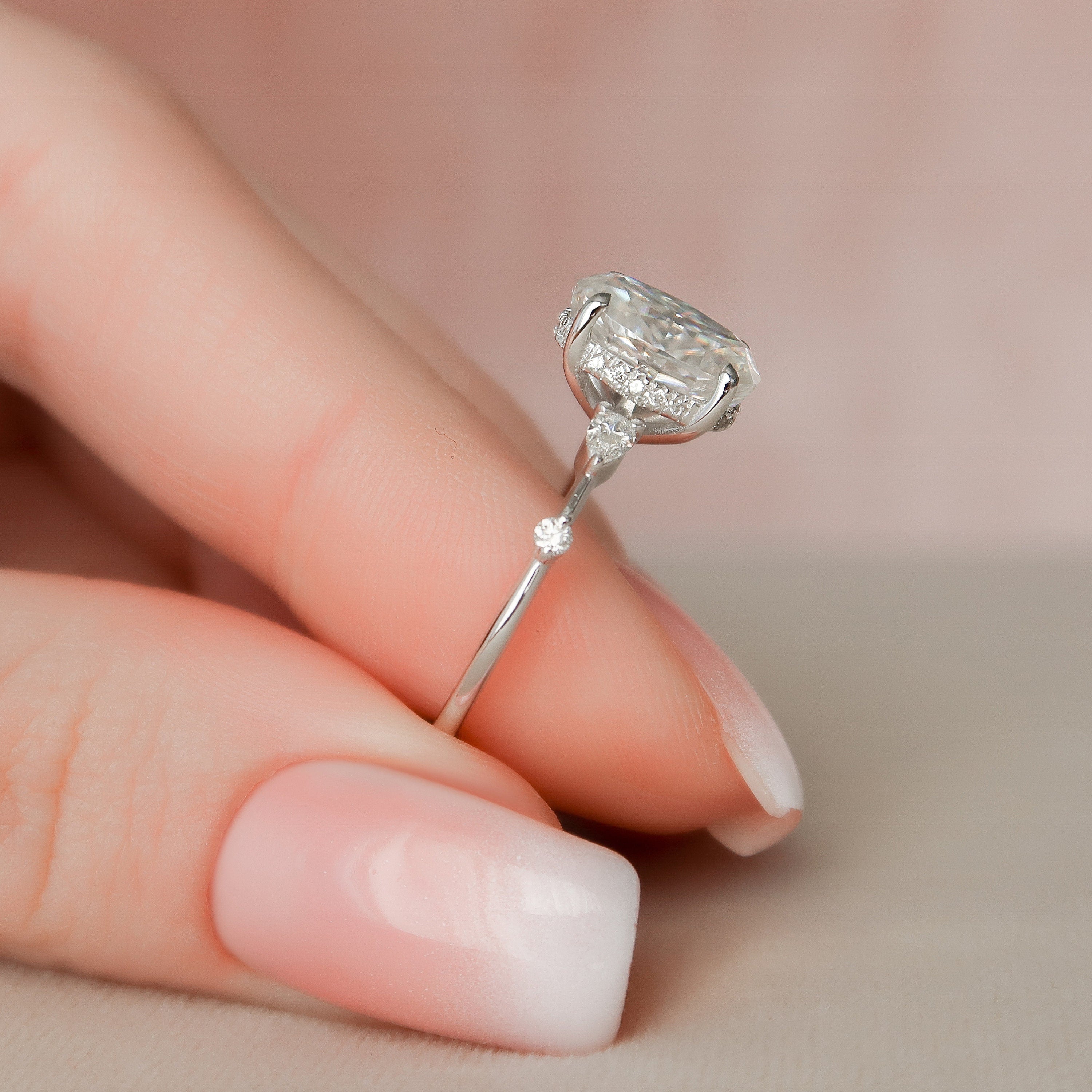 2.0CT Oval Hidden Halo Moissanite Diamond Petite Pave Engagement Ring In Solid Gold
