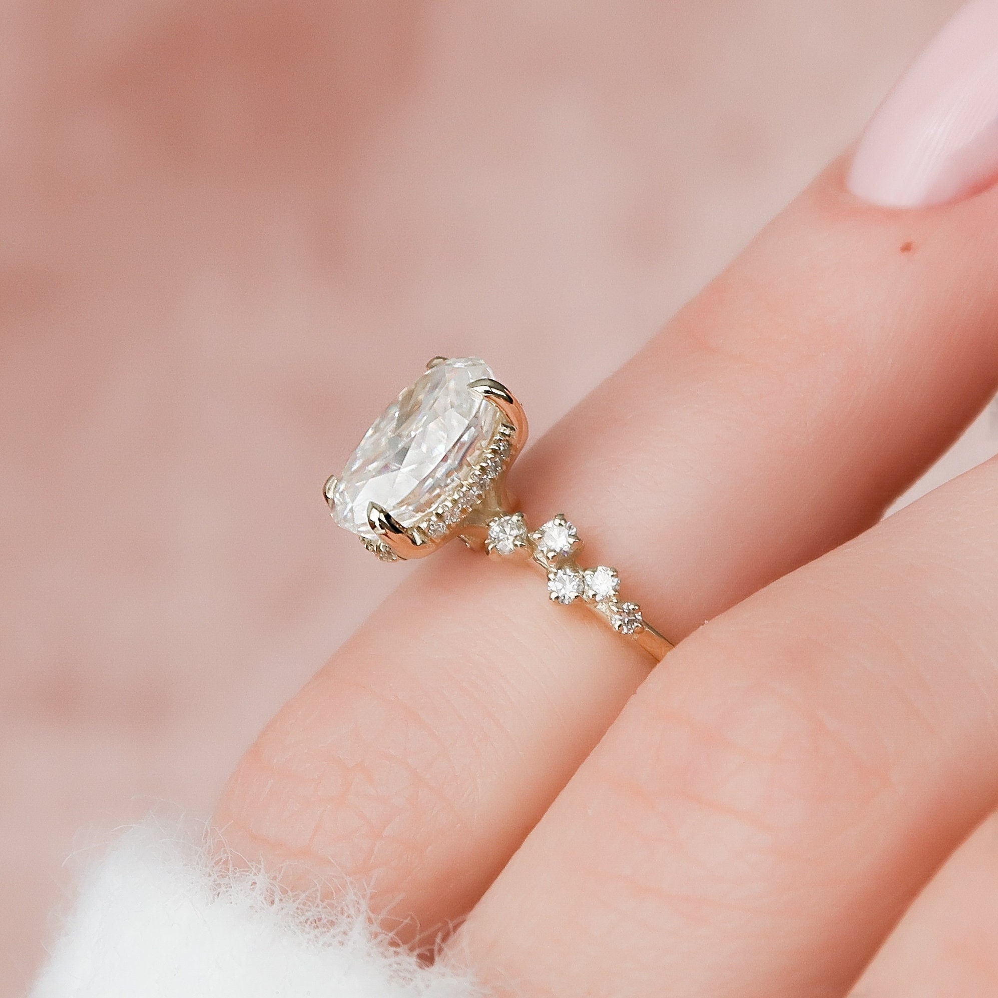 2.0CT Oval Cluster Moissanite Diamond Hidden Halo Engagement Ring