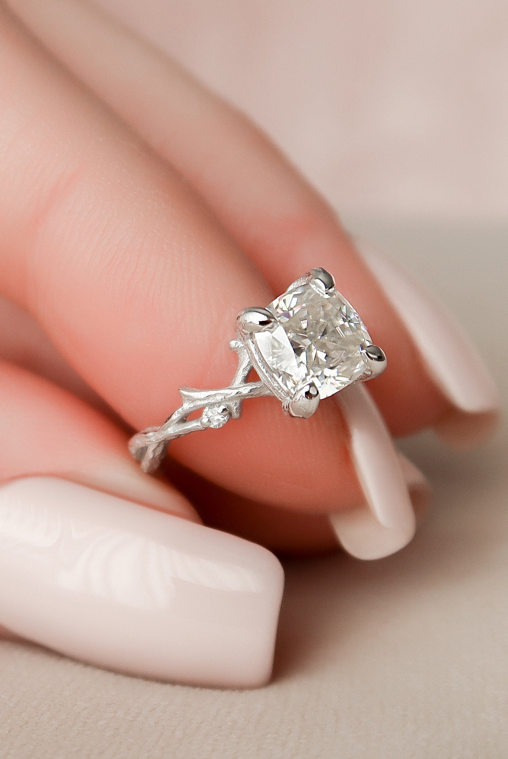 1.50CT Cushion Cut Branch Moissanite Engagement Ring