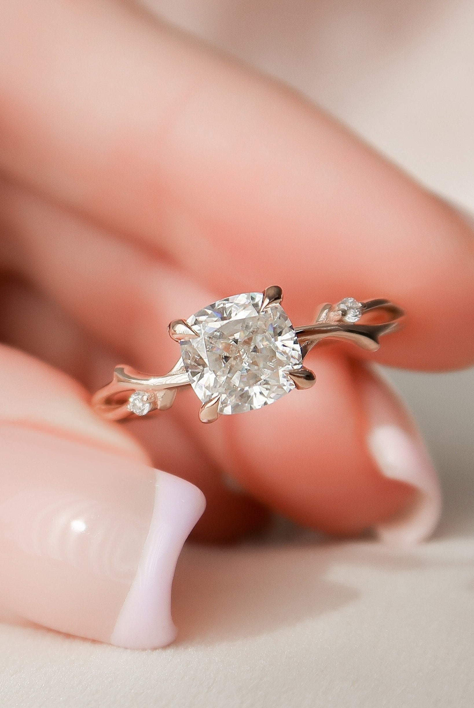 1.50CT Cushion Cut Branch Moissanite Engagement Ring