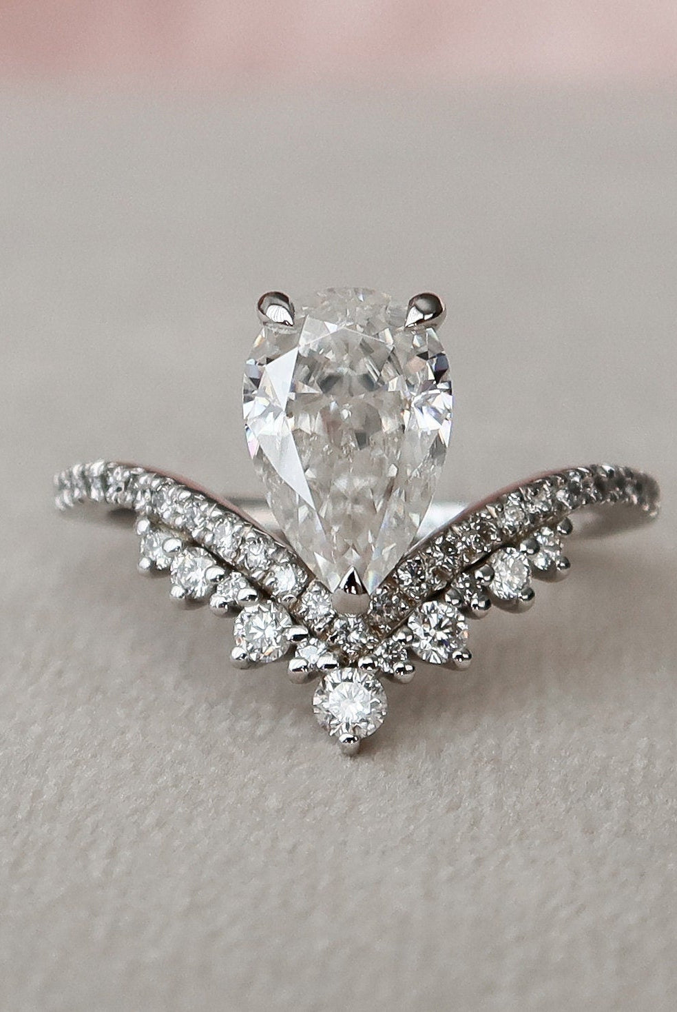 1.50CT Pear Moissanite Diamond Chevron Engagement Ring In Solid Gold