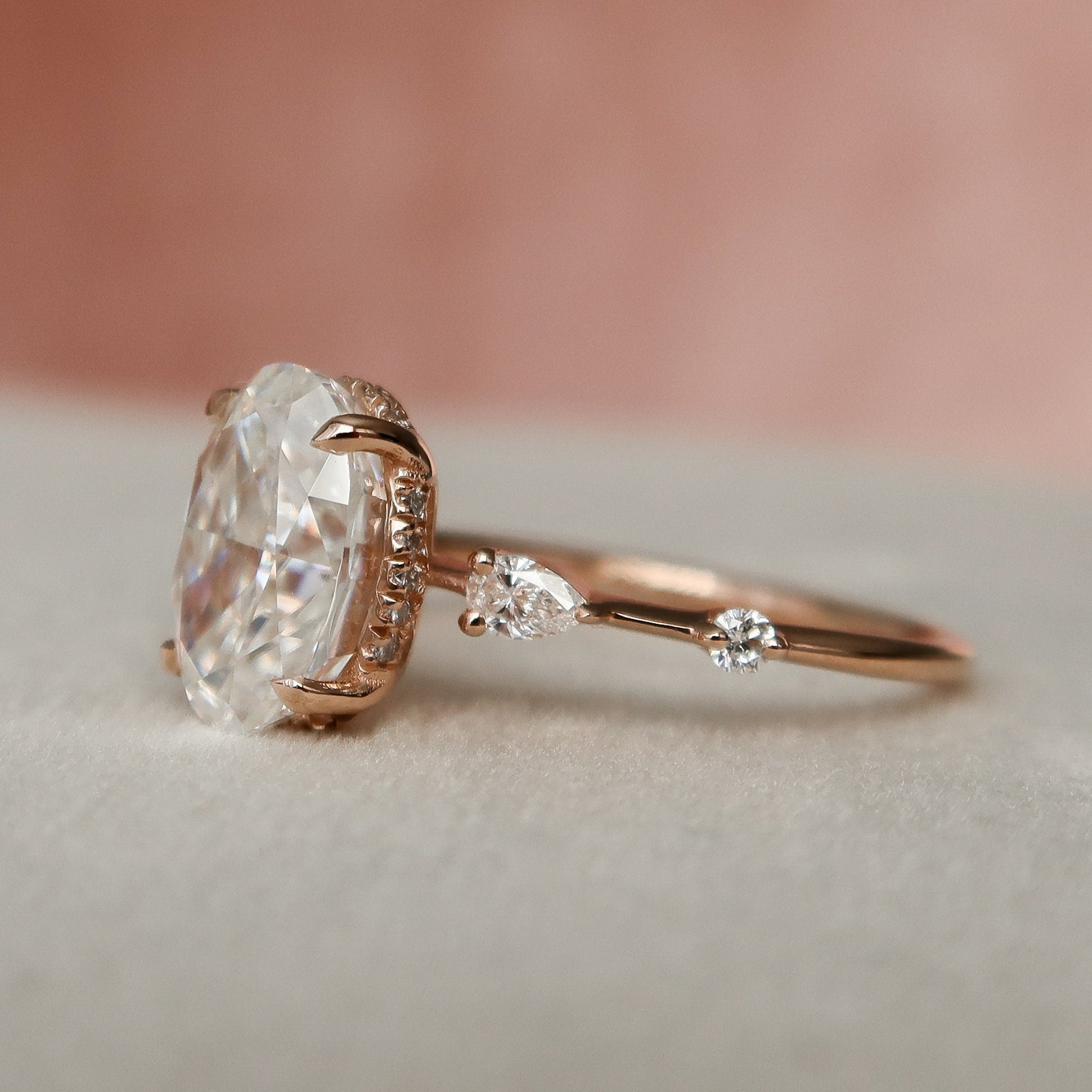 2.0CT Oval Hidden Halo Moissanite Diamond Petite Pave Engagement Ring In Solid Gold