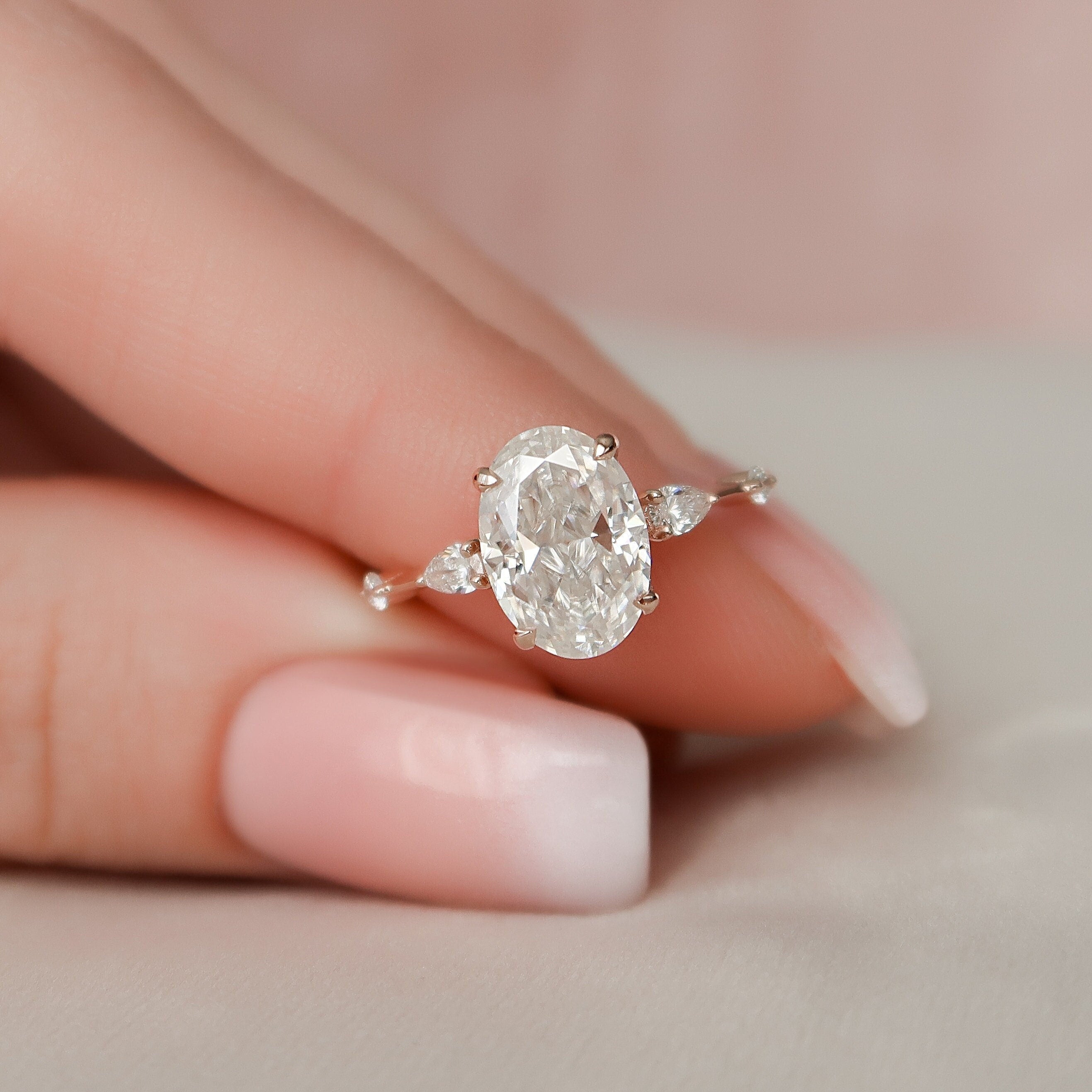 2.0CT Oval Hidden Halo Moissanite Diamond Petite Pave Engagement Ring In Solid Gold