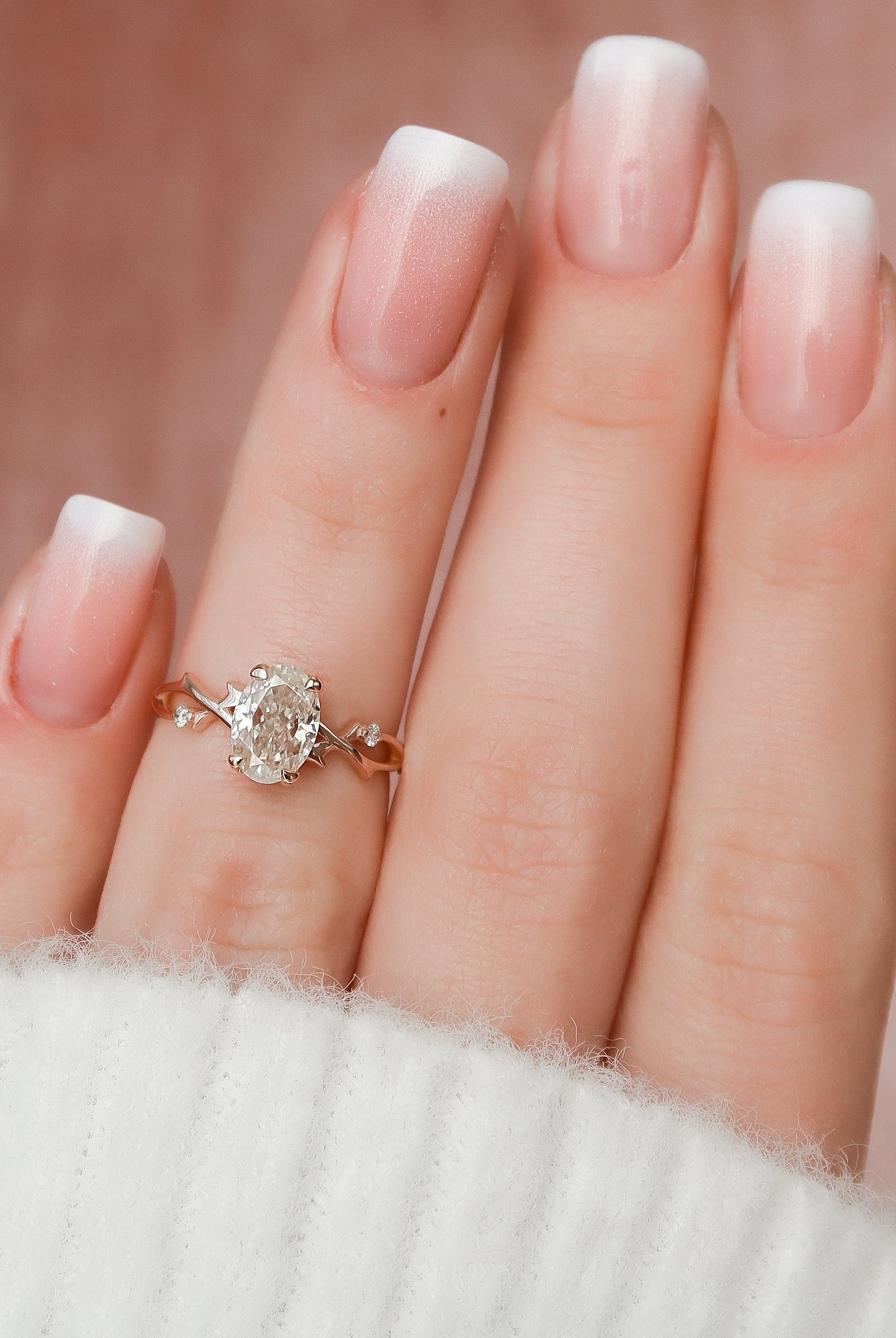 1.0CT Oval Twig Moissanite Diamond Engagement Ring In Solid Gold