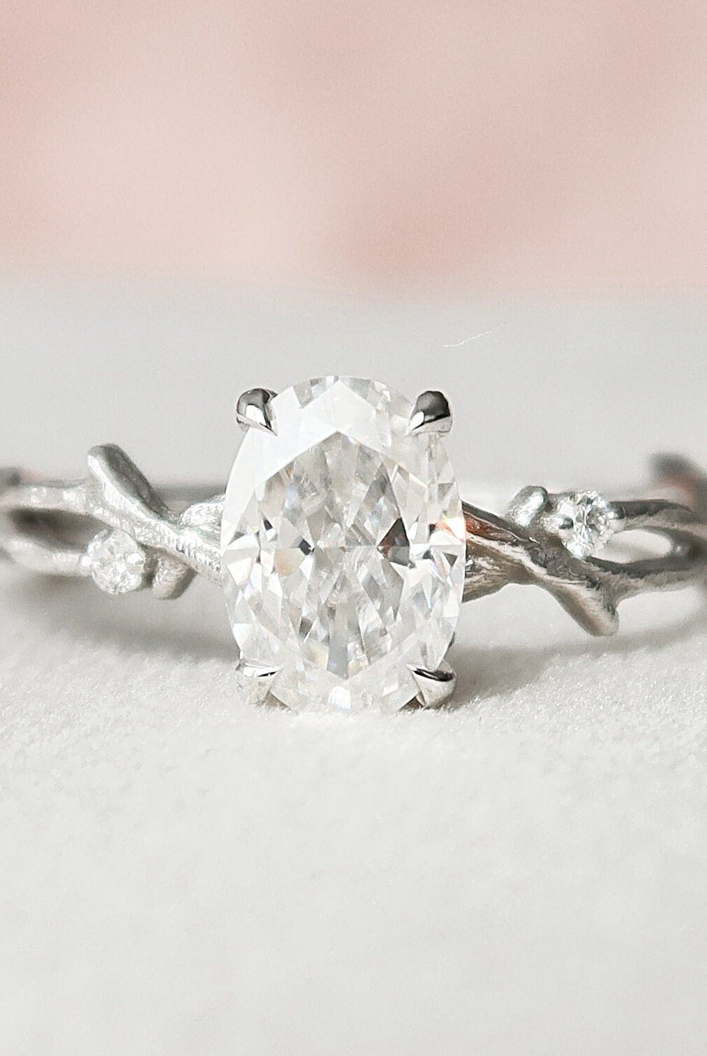 1.0CT Oval Twig Moissanite Diamond Engagement Ring In Solid Gold