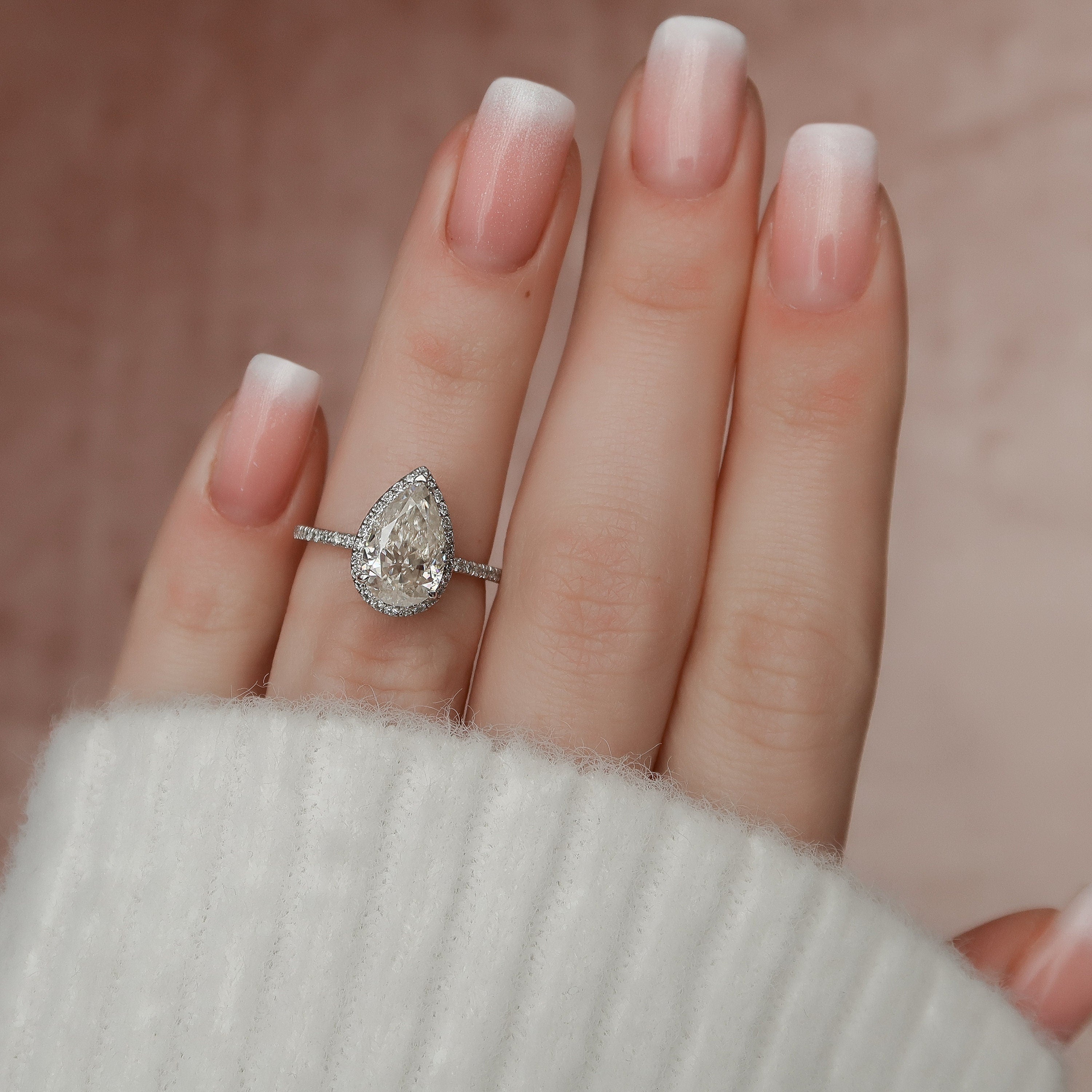 2.0CT Pear Halo Moissanite Diamond Pave Engagement Ring