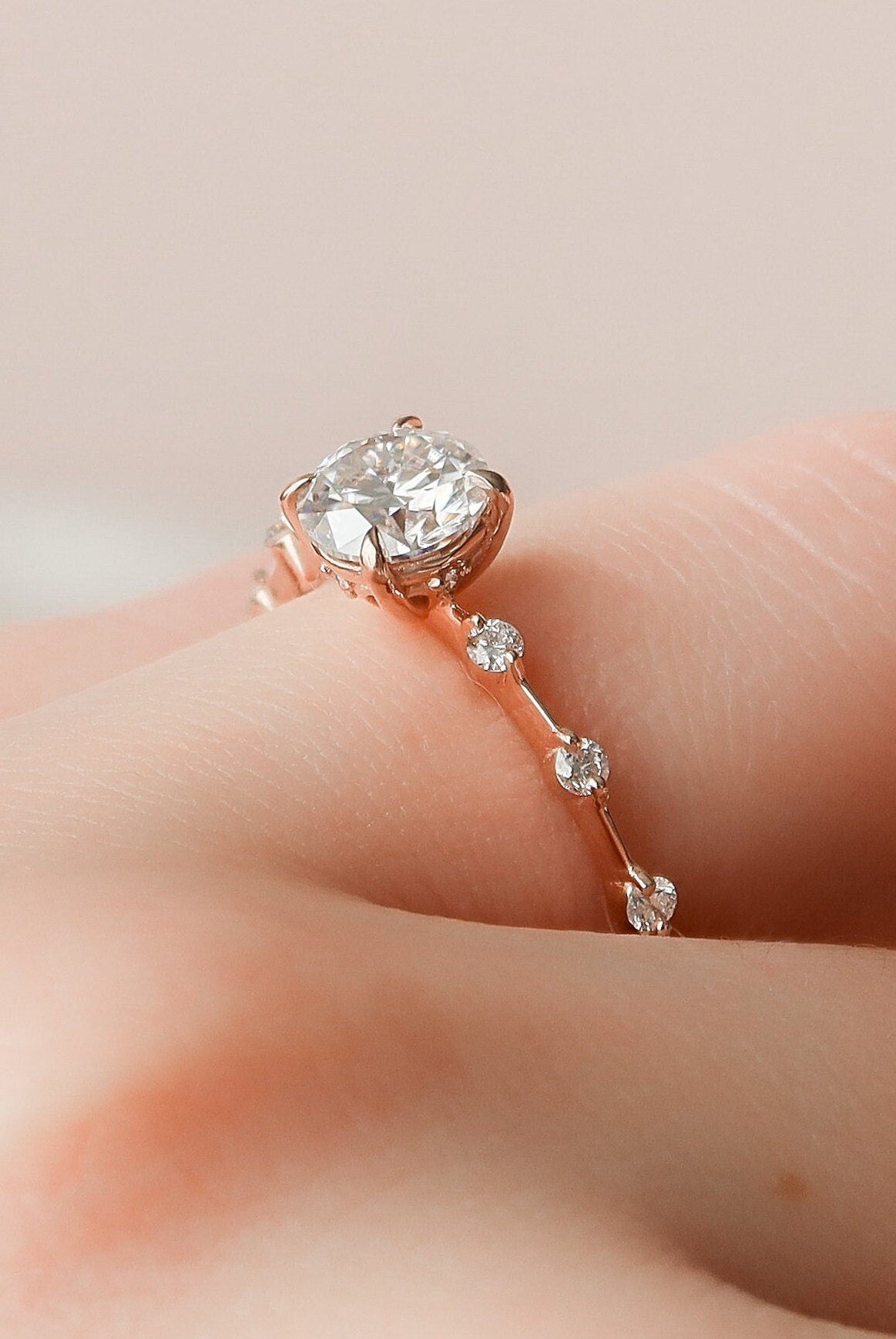 1.0CT Round Petite Pave Moissanite Diamond Engagement Ring In Solid Gold
