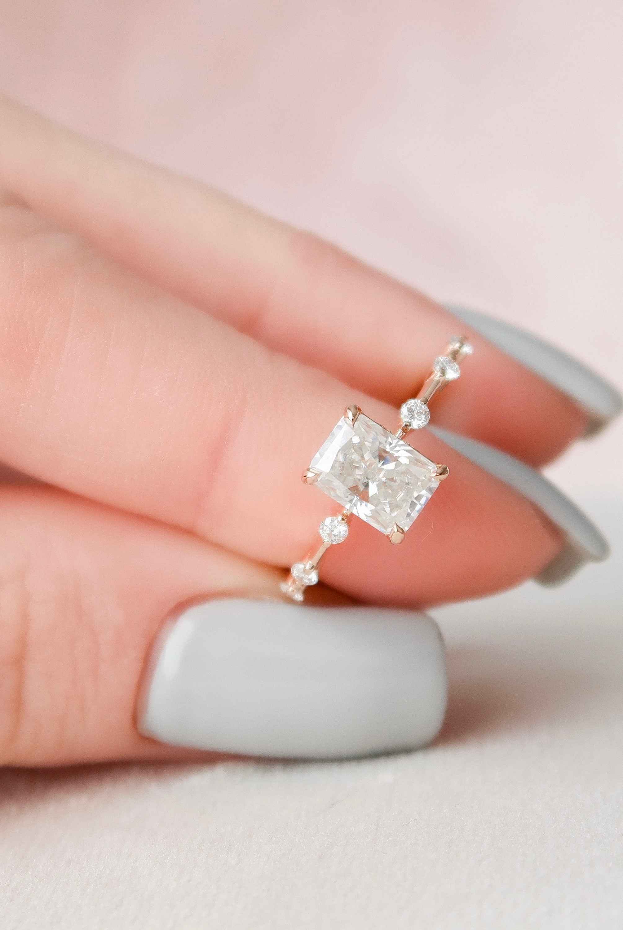 1.50CT Radiant Petite Pave Moissanite Diamond Four Prong Engagement Ring