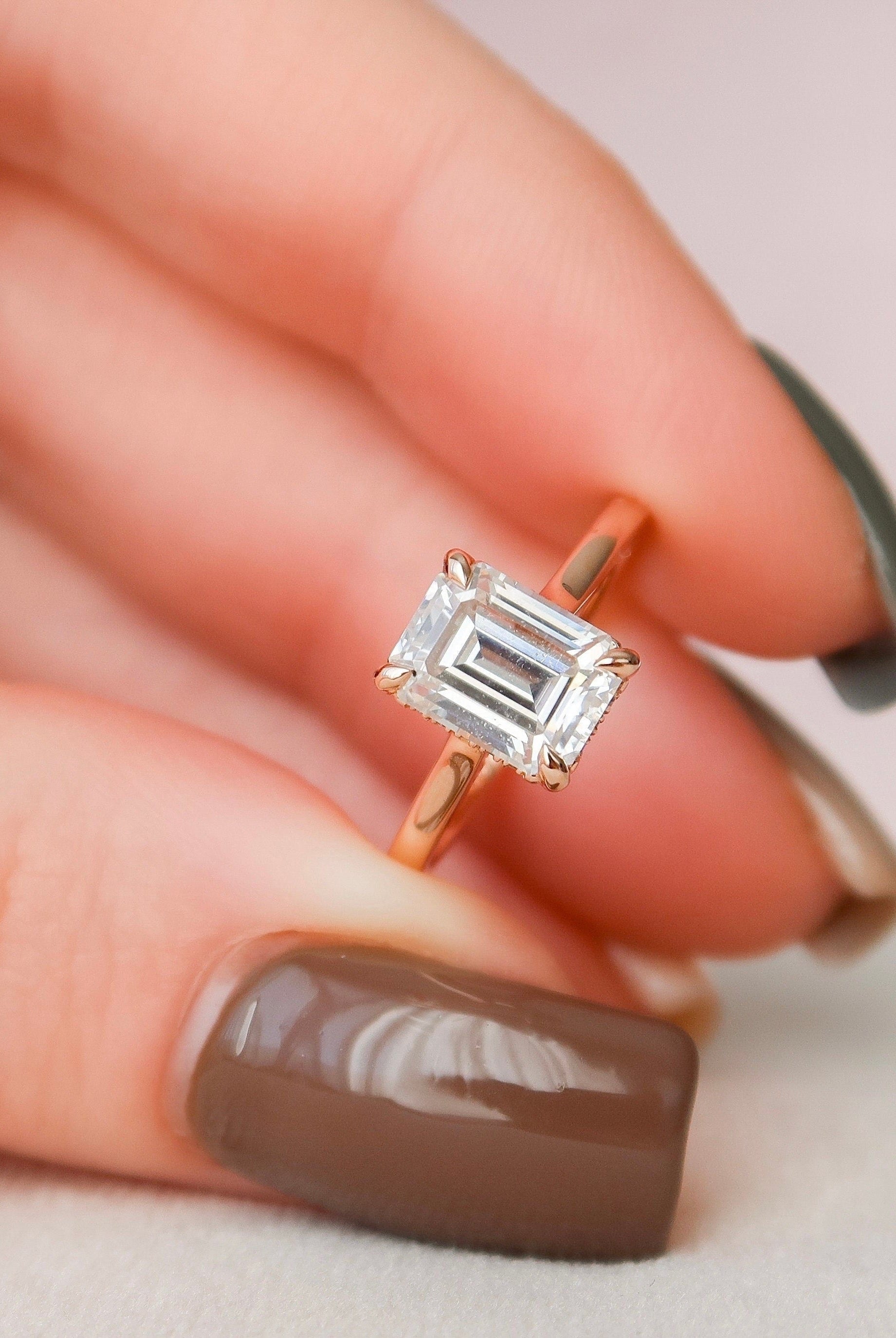 1.50CT Emerald Cut Hidden Halo Moissanite Diamond Cathedral Set Engagement Ring
