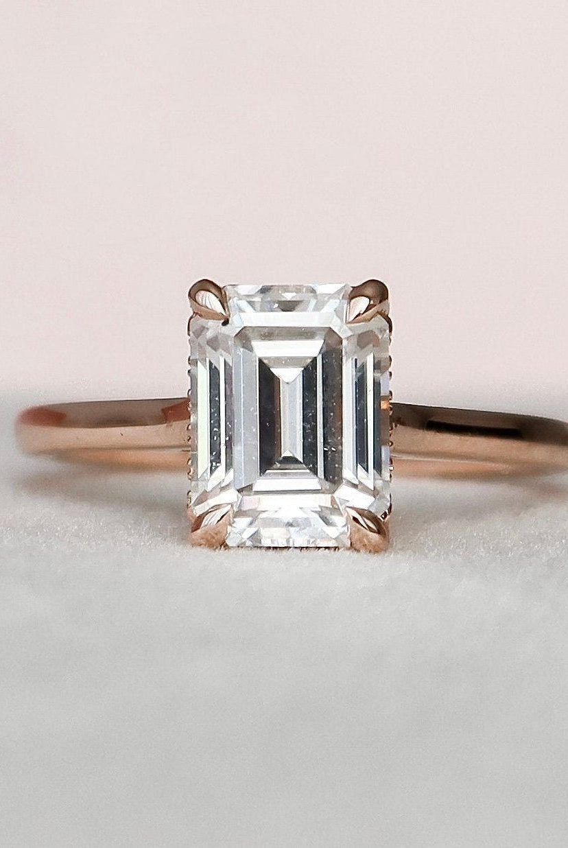 1.50CT Emerald Cut Hidden Halo Moissanite Diamond Cathedral Set Engagement Ring