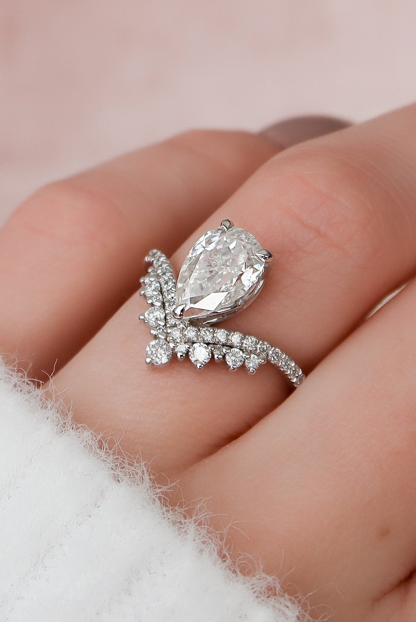 1.50CT Pear Moissanite Diamond Chevron Engagement Ring In Solid Gold