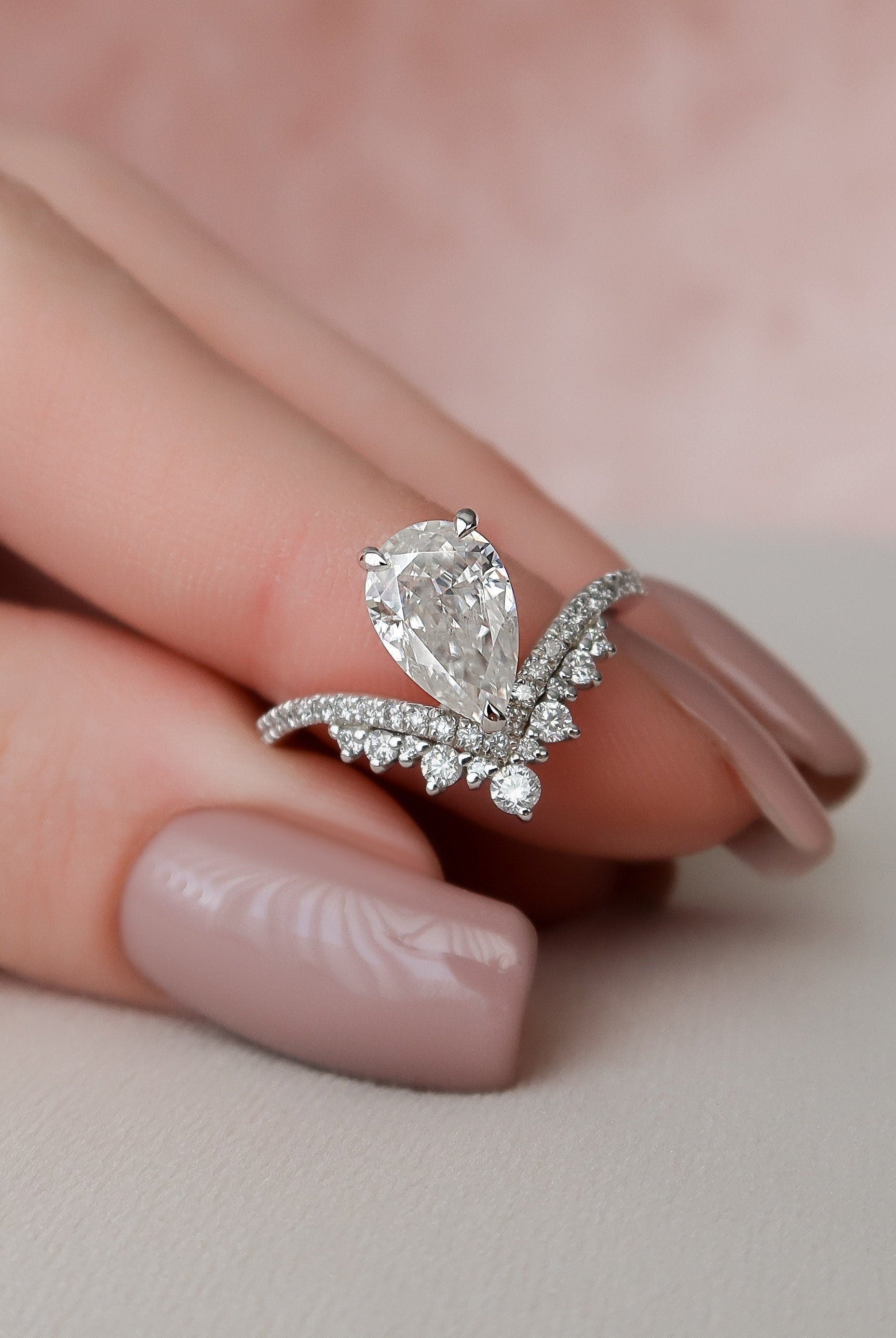 1.50CT Pear Moissanite Diamond Chevron Engagement Ring In Solid Gold