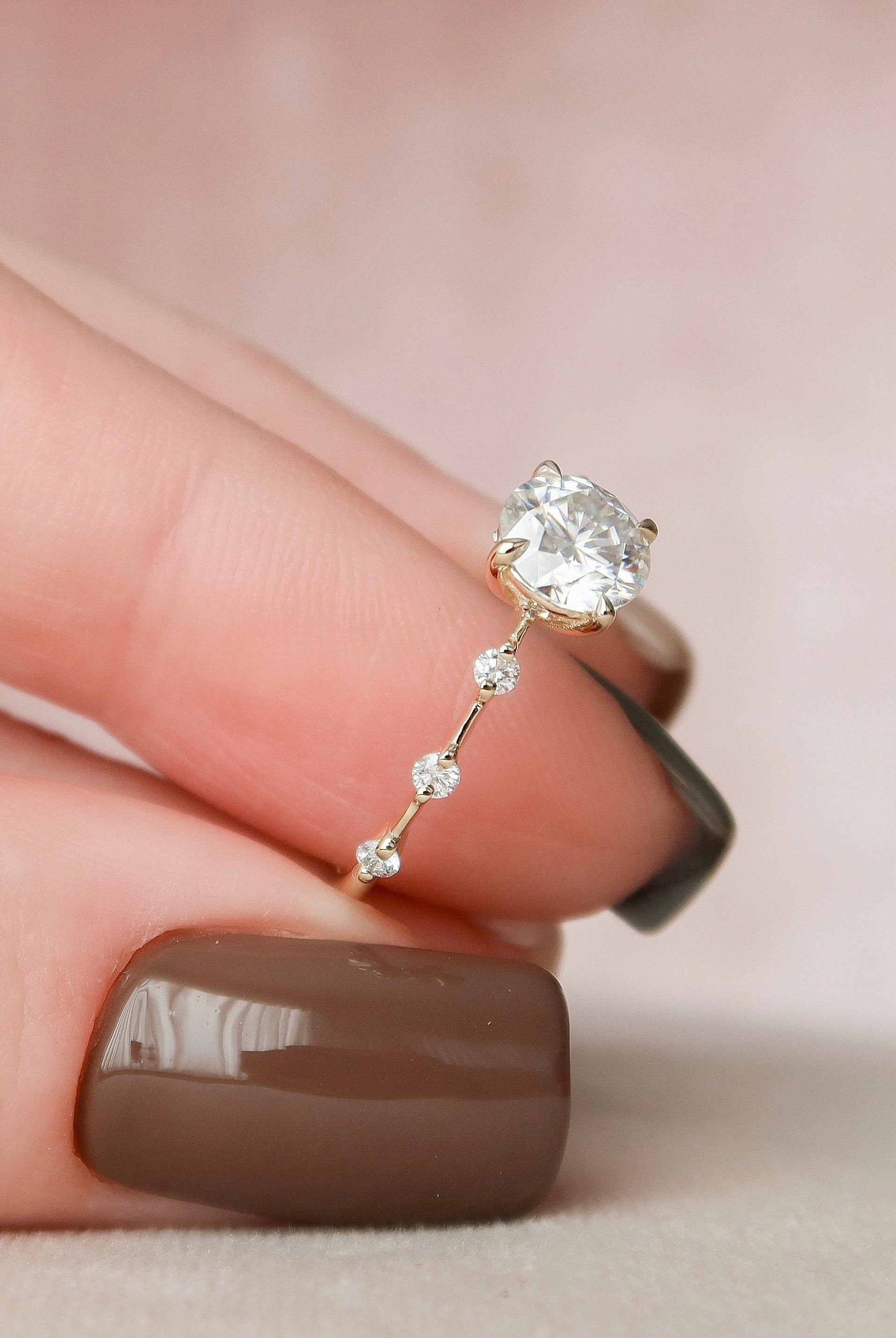 1.0CT Round Petite Pave Moissanite Diamond Engagement Ring In Solid Gold