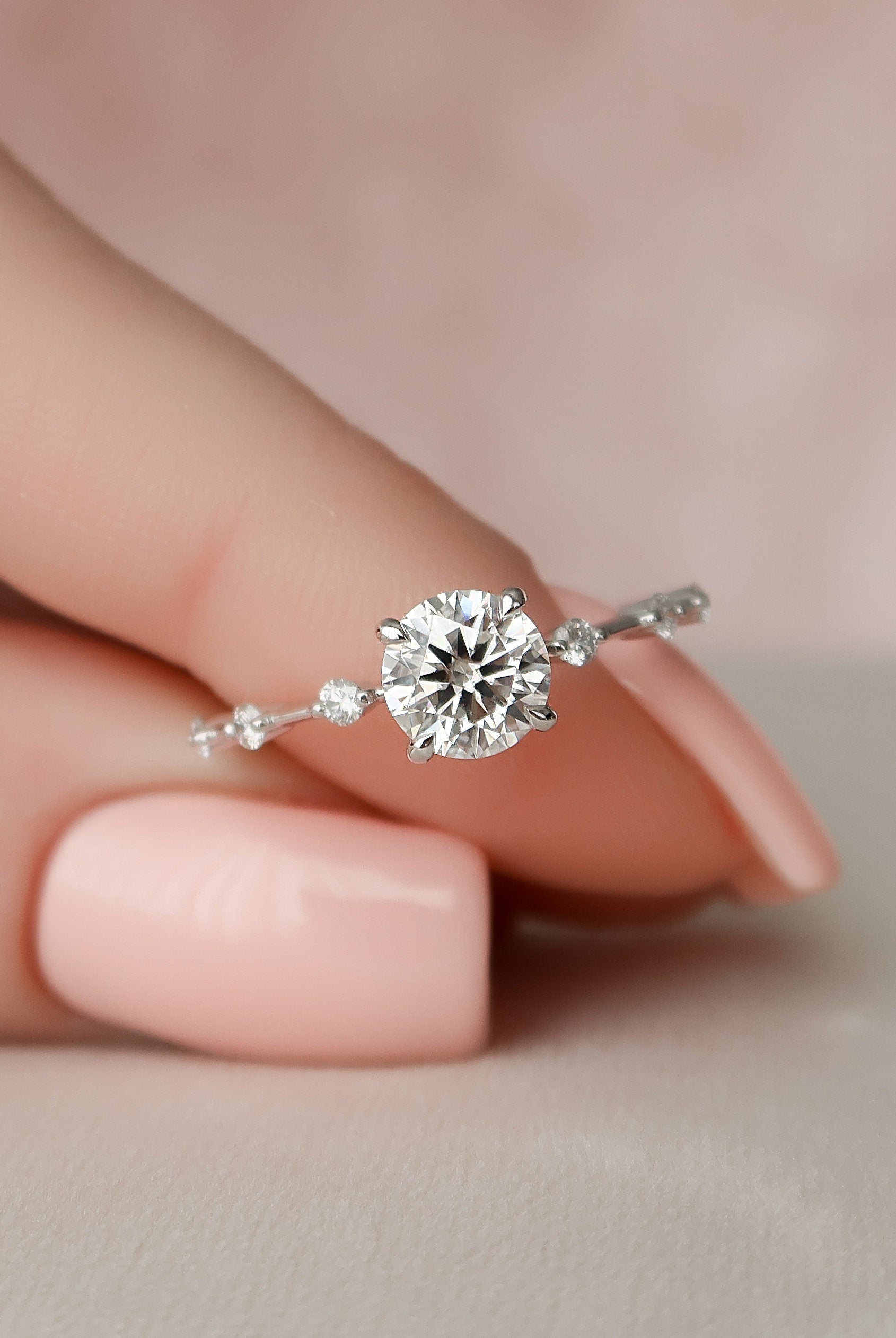 1.0CT Round Petite Pave Moissanite Diamond Engagement Ring In Solid Gold