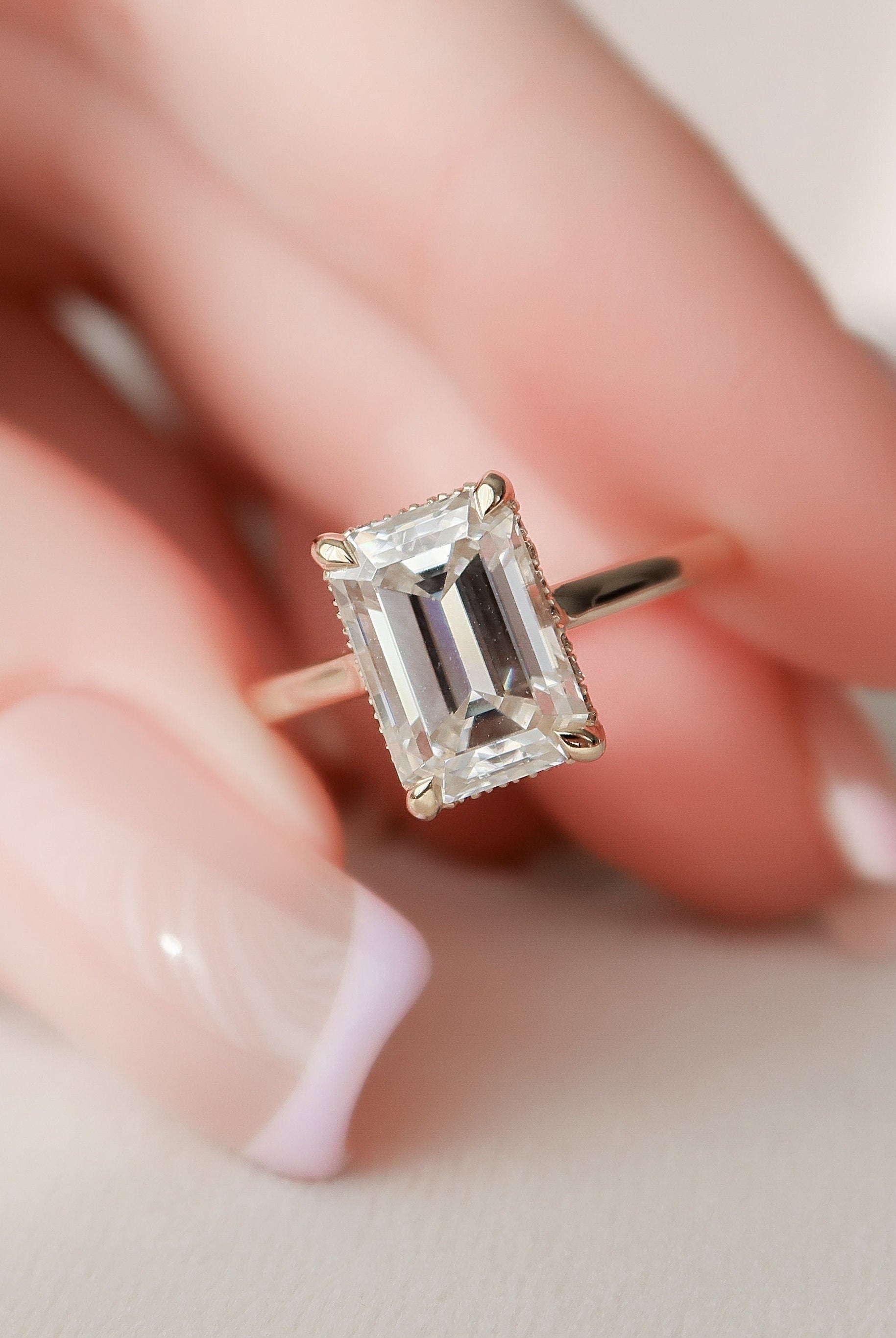 3.0CT Cathedral Set Emerald Cut Moissanite Diamond Hidden Halo Engagement Ring