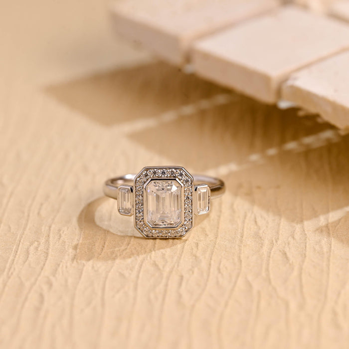 1.0CT Emerald Cut Halo Bezel Setting Moissanite Engagement Ring