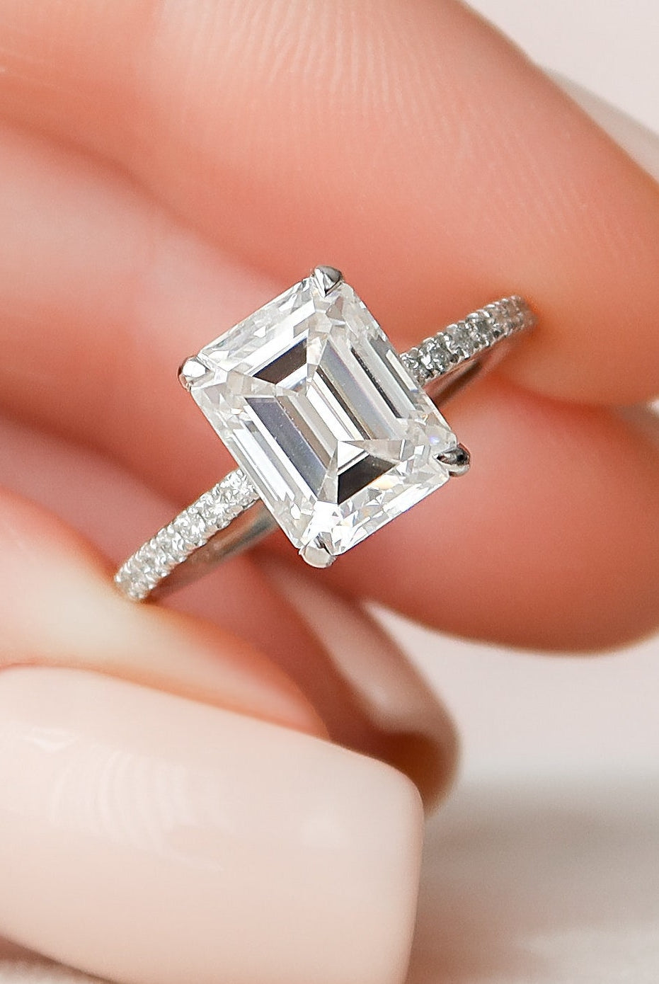3.0CT Emerald Cut Pave Moissanite Diamond Hidden Halo Engagement Ring