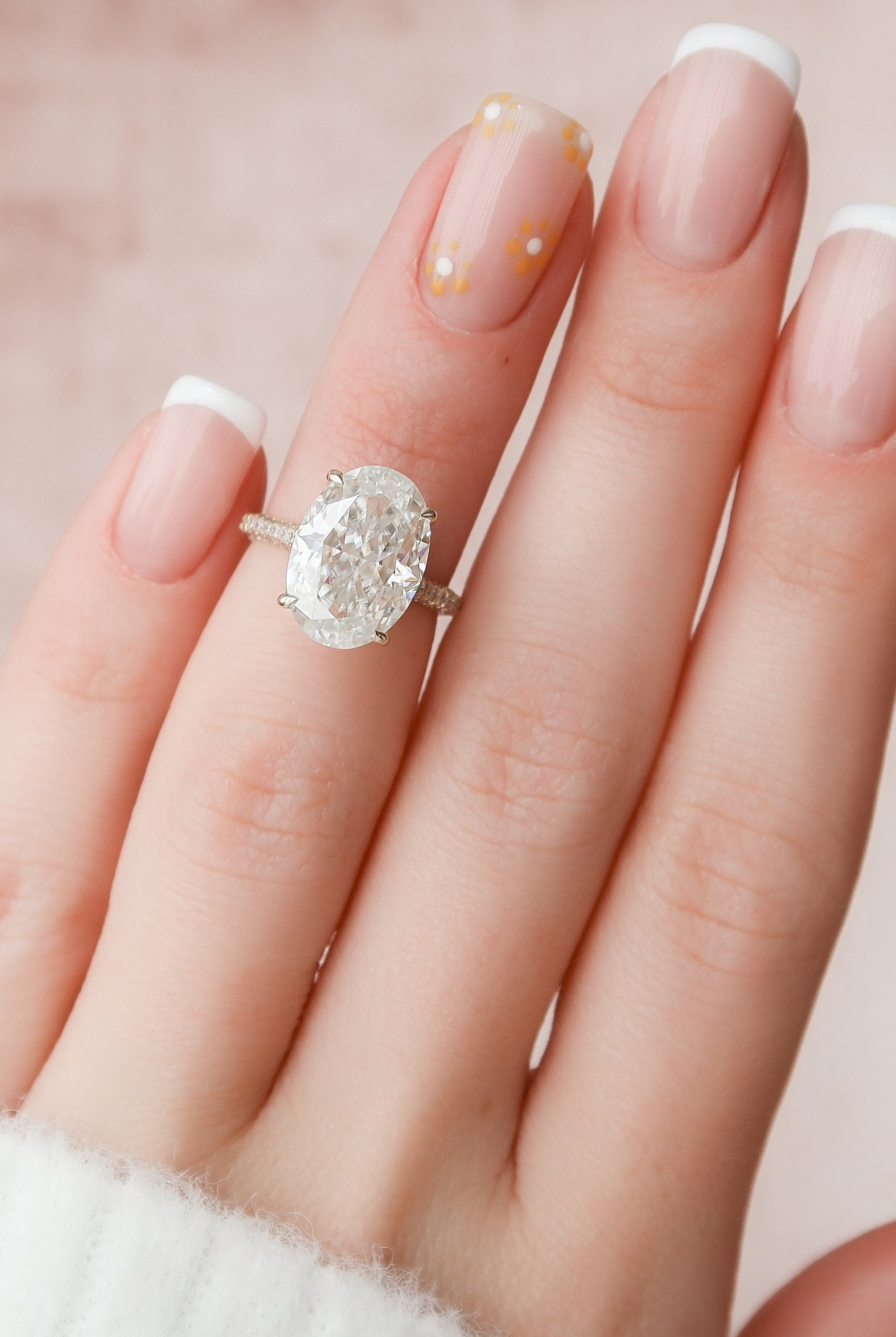 5.0CT Oval Three Sided Pave Moissanite Diamond Hidden Halo Engagement Ring