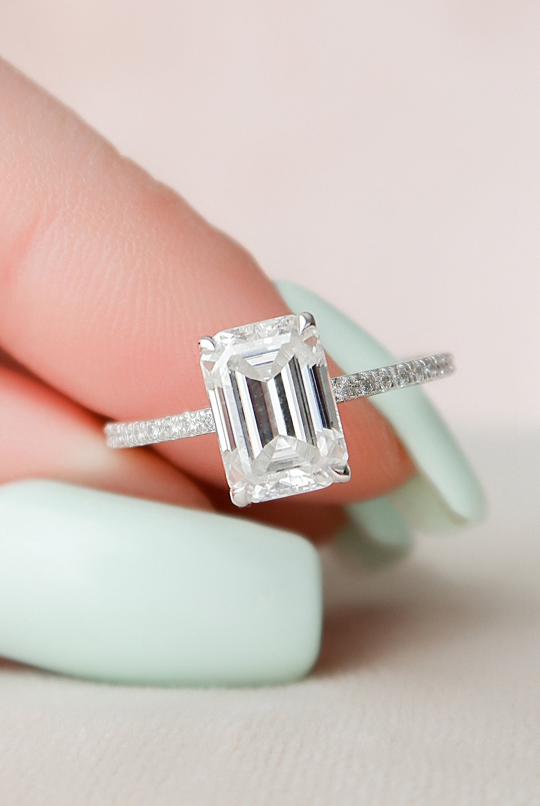 3.0CT Emerald Cut Pave Moissanite Diamond Hidden Halo Engagement Ring