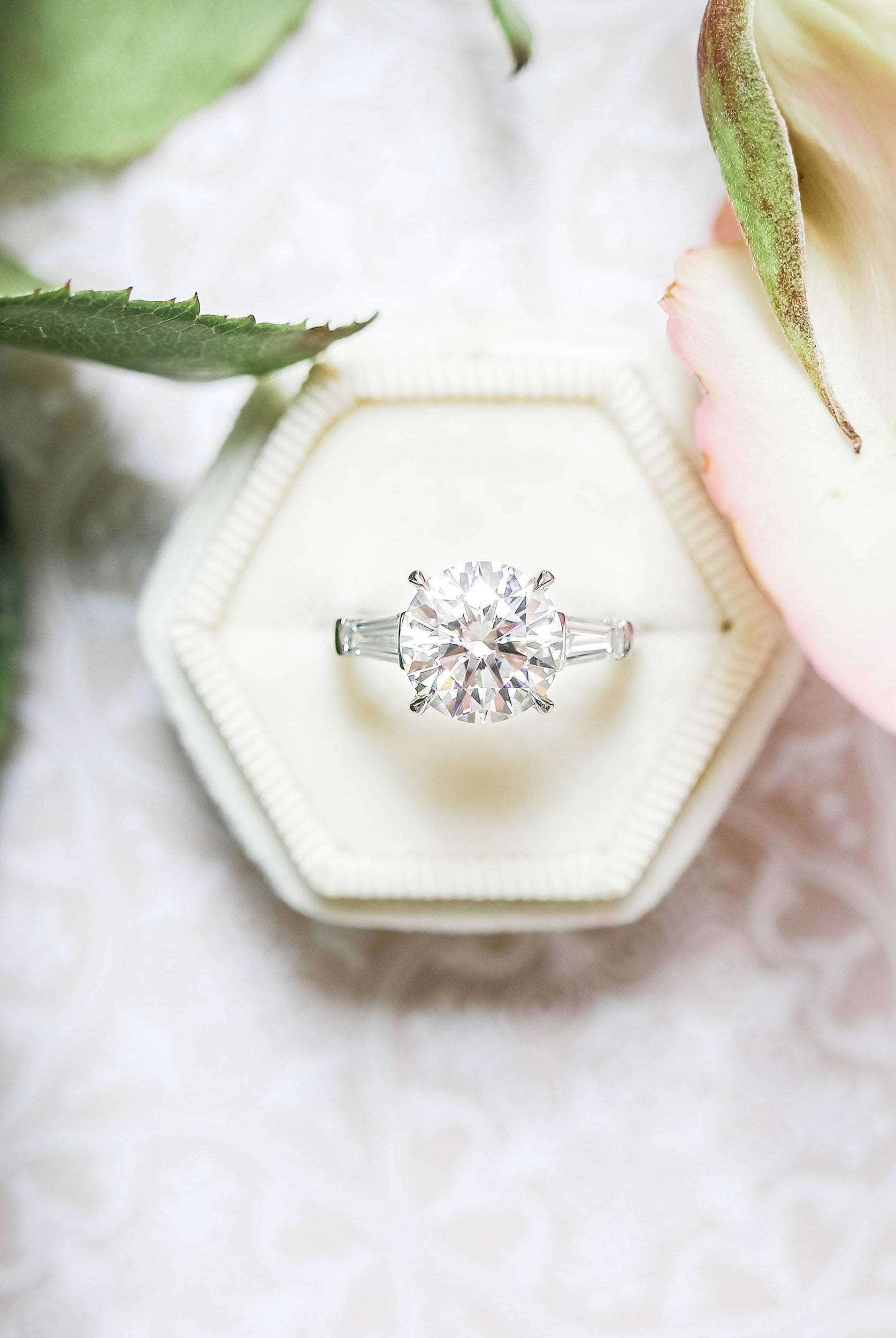 2.0CT Cathedral Set Round Moissanite Diamond Three Stone Engagement Ring