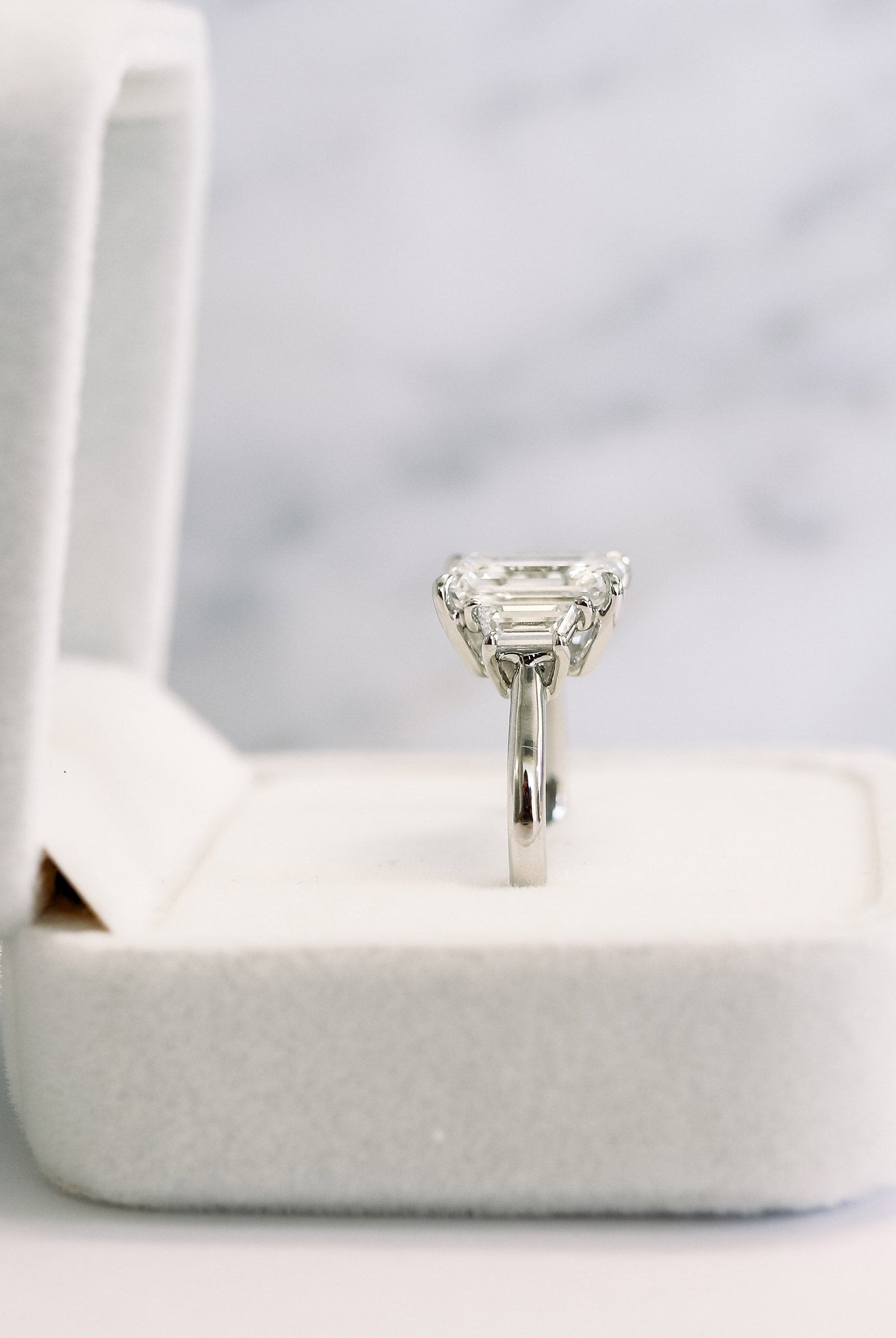 2.75CT Emerald Cut Three Stone Moissanite Diamond Cathedral Set Engagement Ring For Women