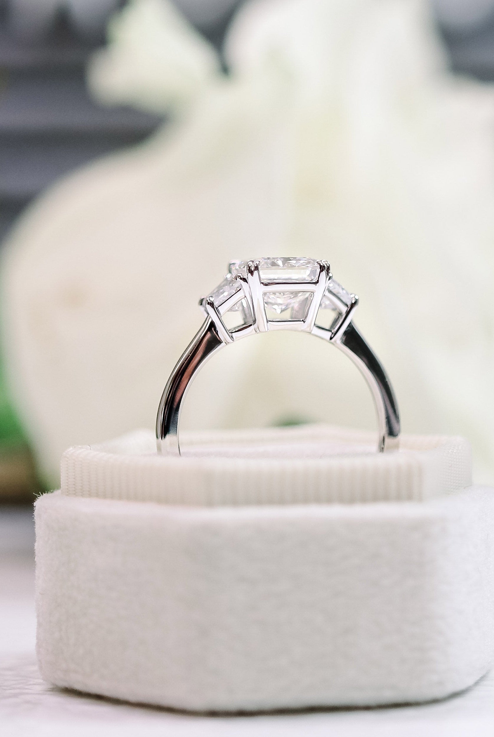 2.50CT Cathedral Set Radiant Moissanite Diamond Thre Stone Engagement Ring In 18K White Gold
