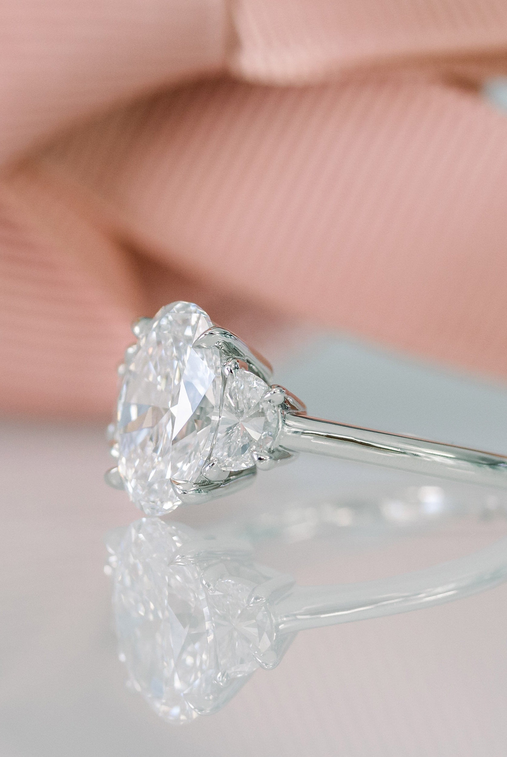 2.25CT Cathedral Set Oval Moissanite Diamond Three Stone Engagement Ring In 18K Solid Gold