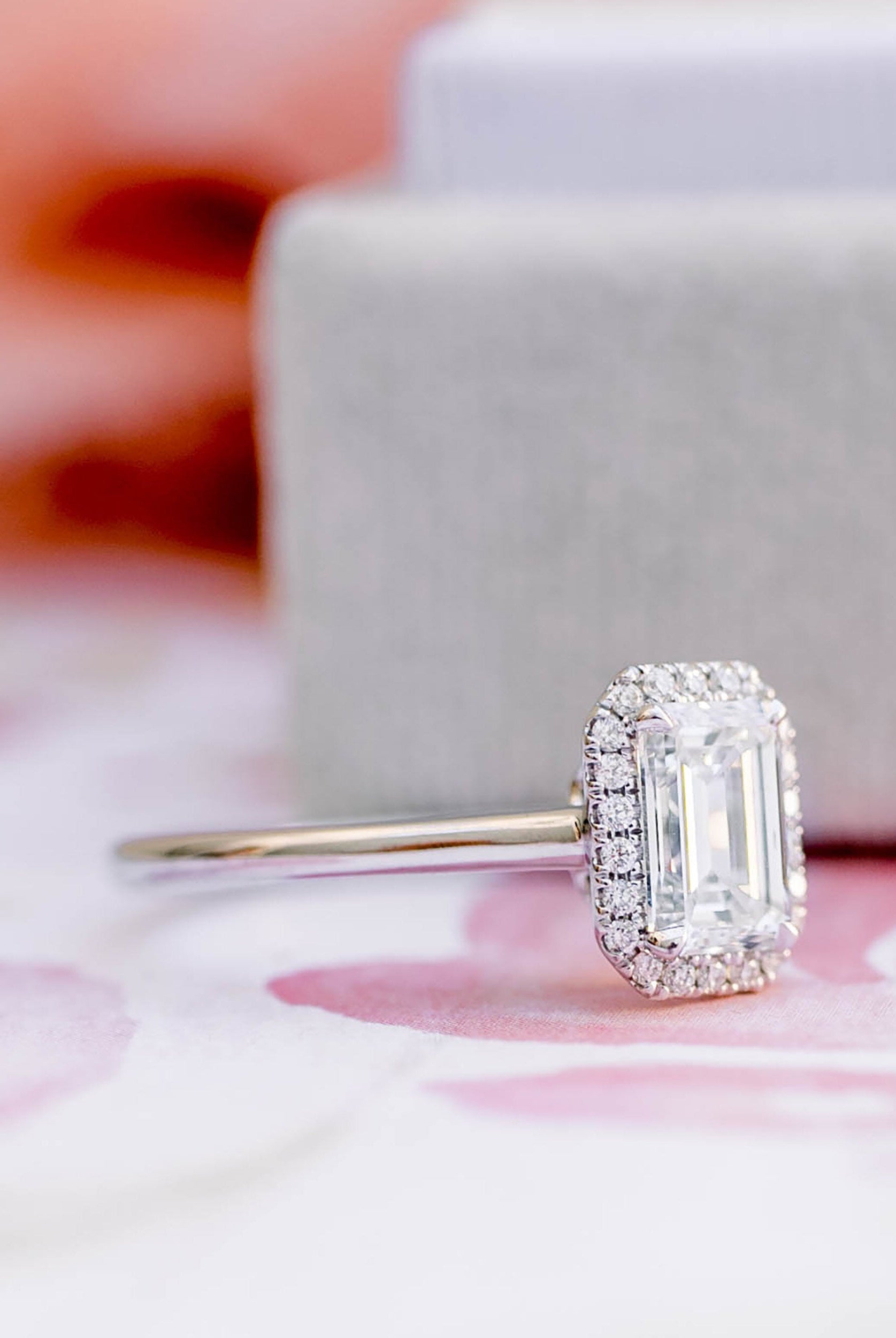 1.0CT Emerald Cut Halo Moissanite Diamond Solitaire Engagement Ring