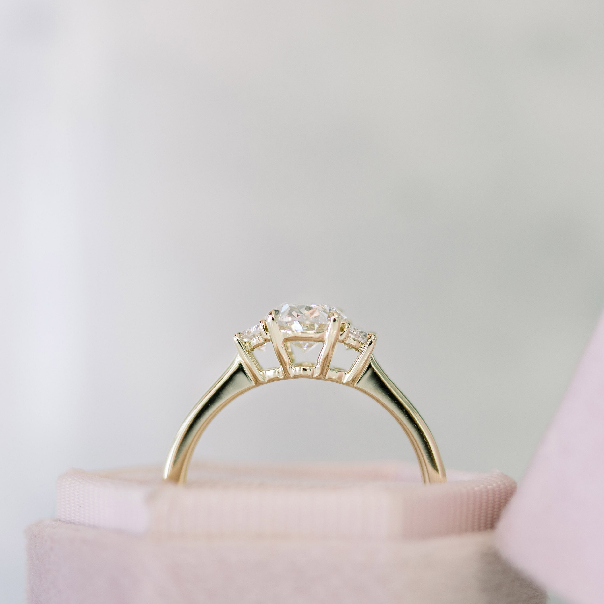 2.25CT Cathedral Set Oval Moissanite Diamond Three Stone Engagement Ring In 18K Solid Gold