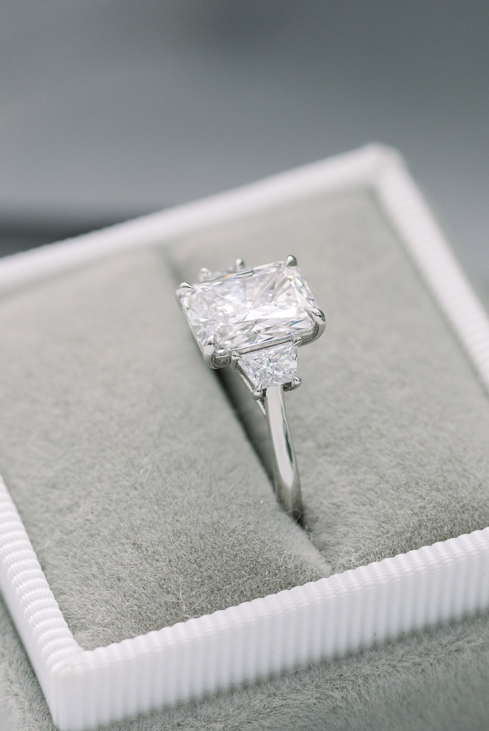 2.50CT Cathedral Set Radiant Moissanite Diamond Thre Stone Engagement Ring In 18K White Gold