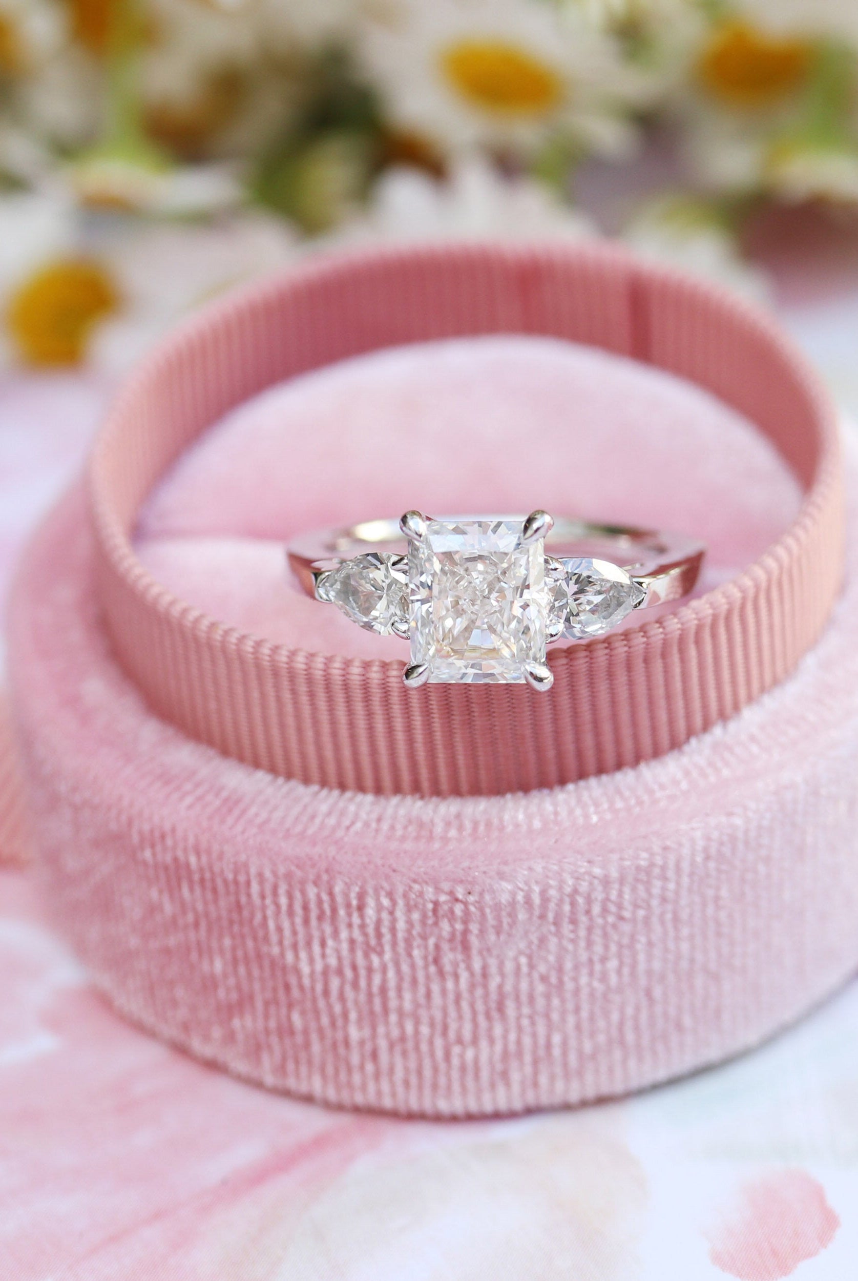 2.0CT Radiant Four Prong Moissanite Diamond Three Stone Engagement Ring for Women